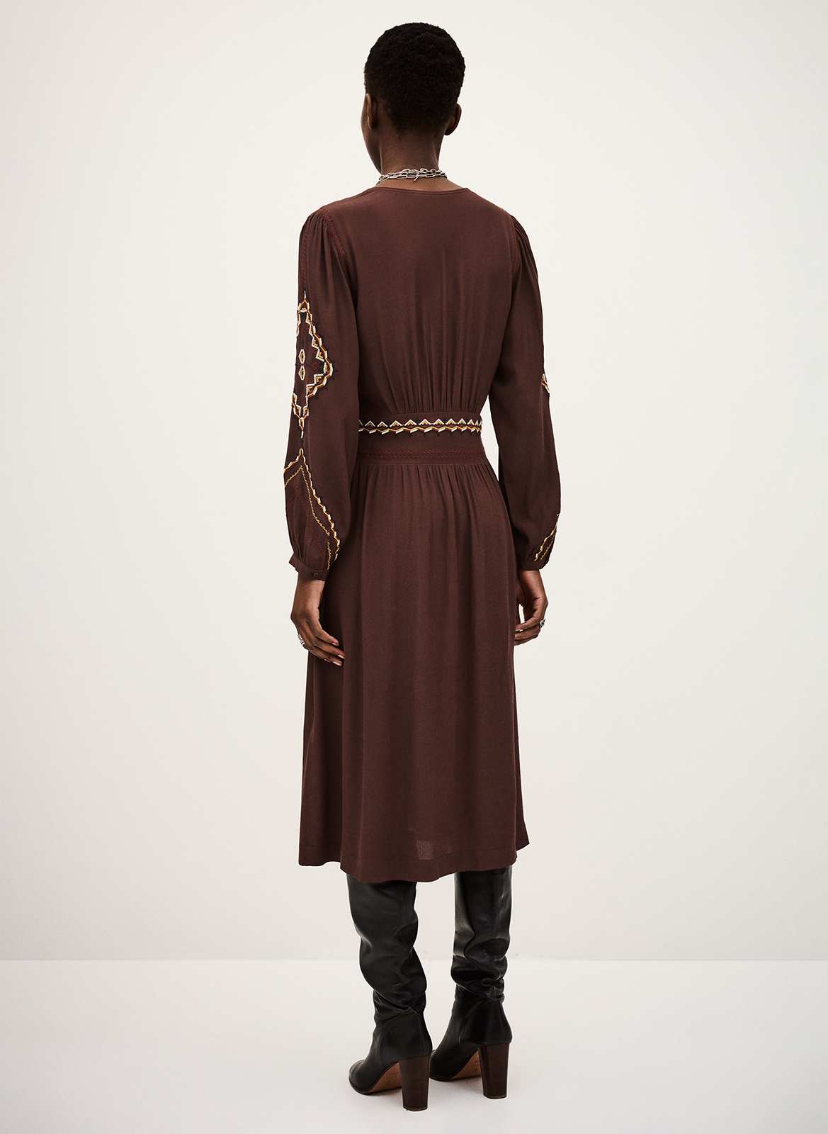 Robe midi col v à broderies tany BA&SH Marron
