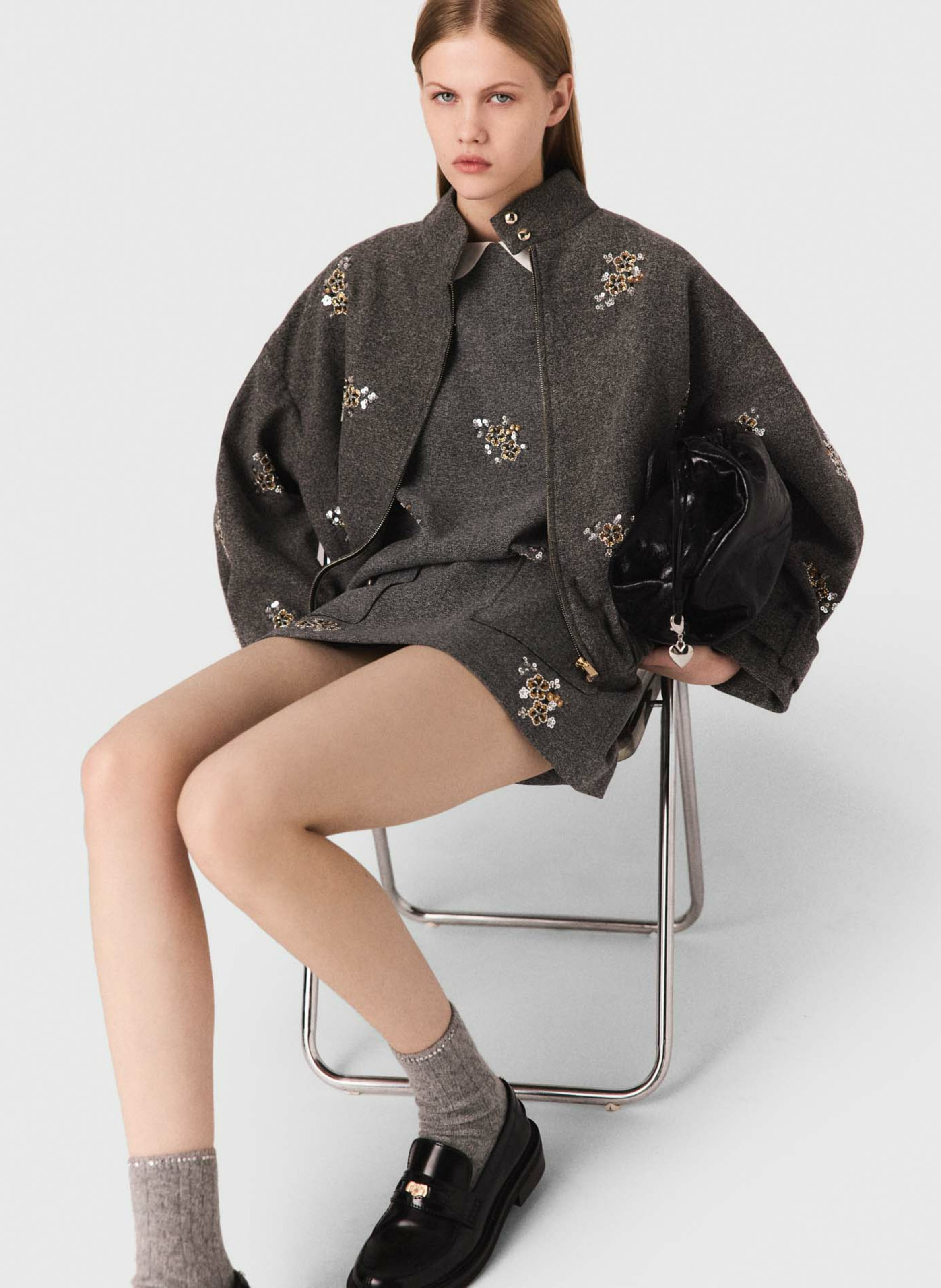 Veste oversize col montant en lainage MAJE Gris