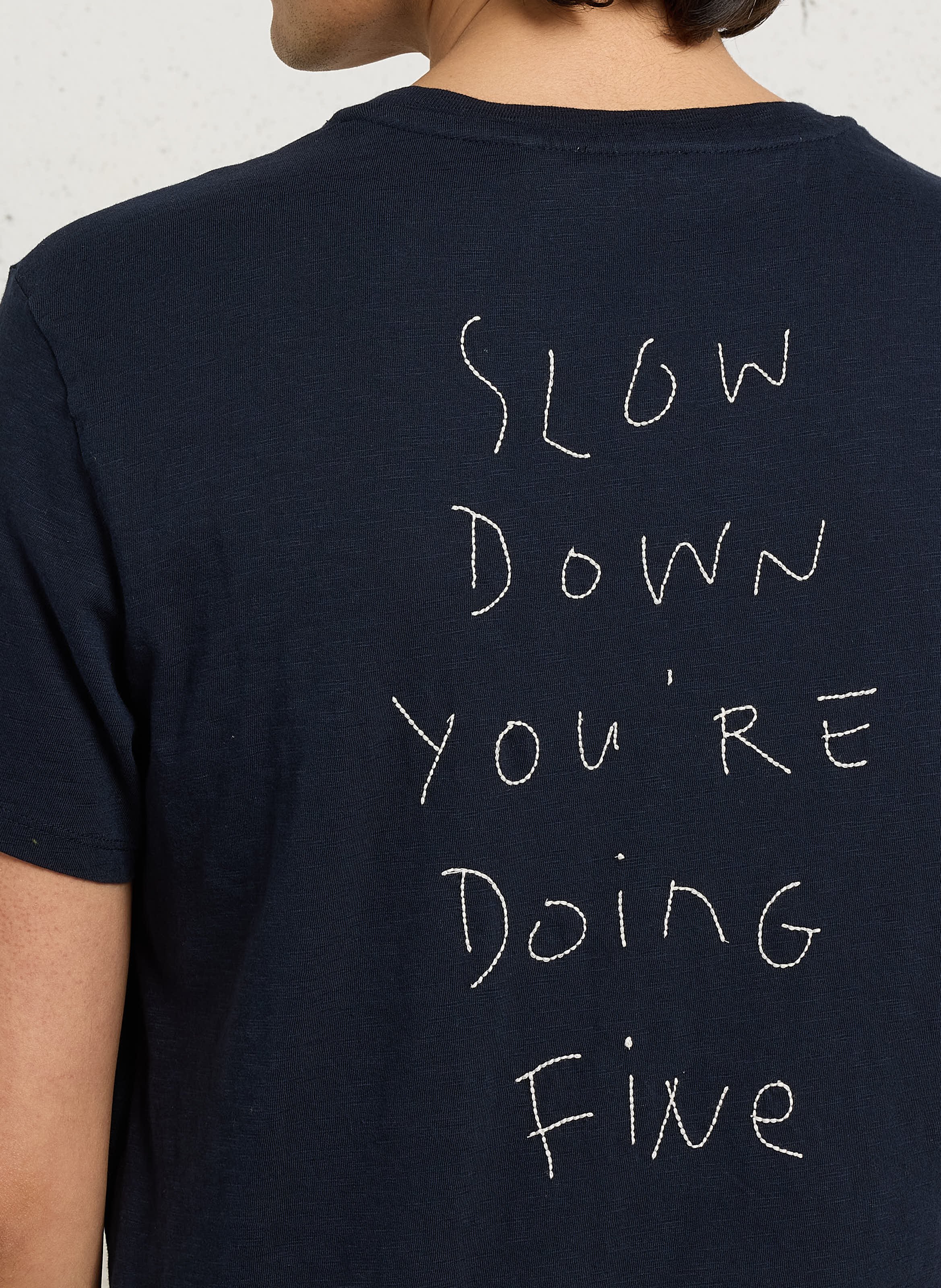 Tee-shirt droit col rond brodé en coton IKKS Bleu