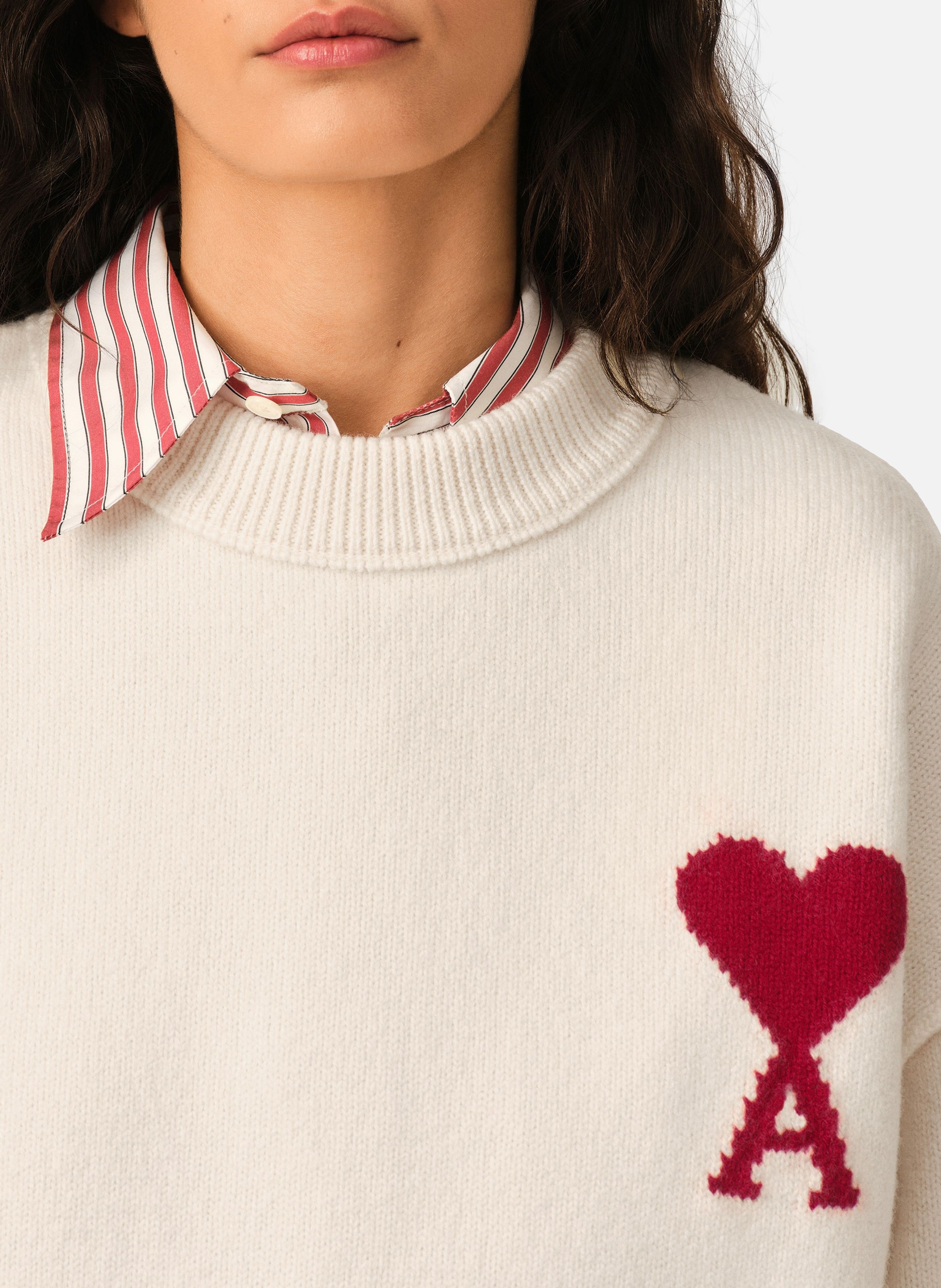 Pull col rond ami de coeur en laine unisexe AMI PARIS Blanc