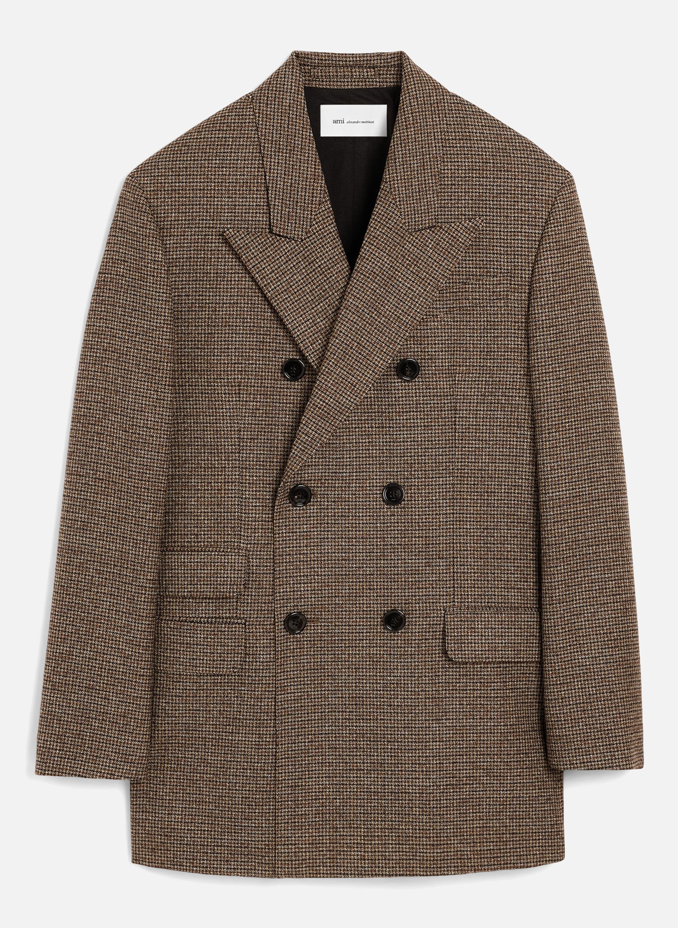 Veste pied de poule double boutonnage en laine MarronAMI PARIS
