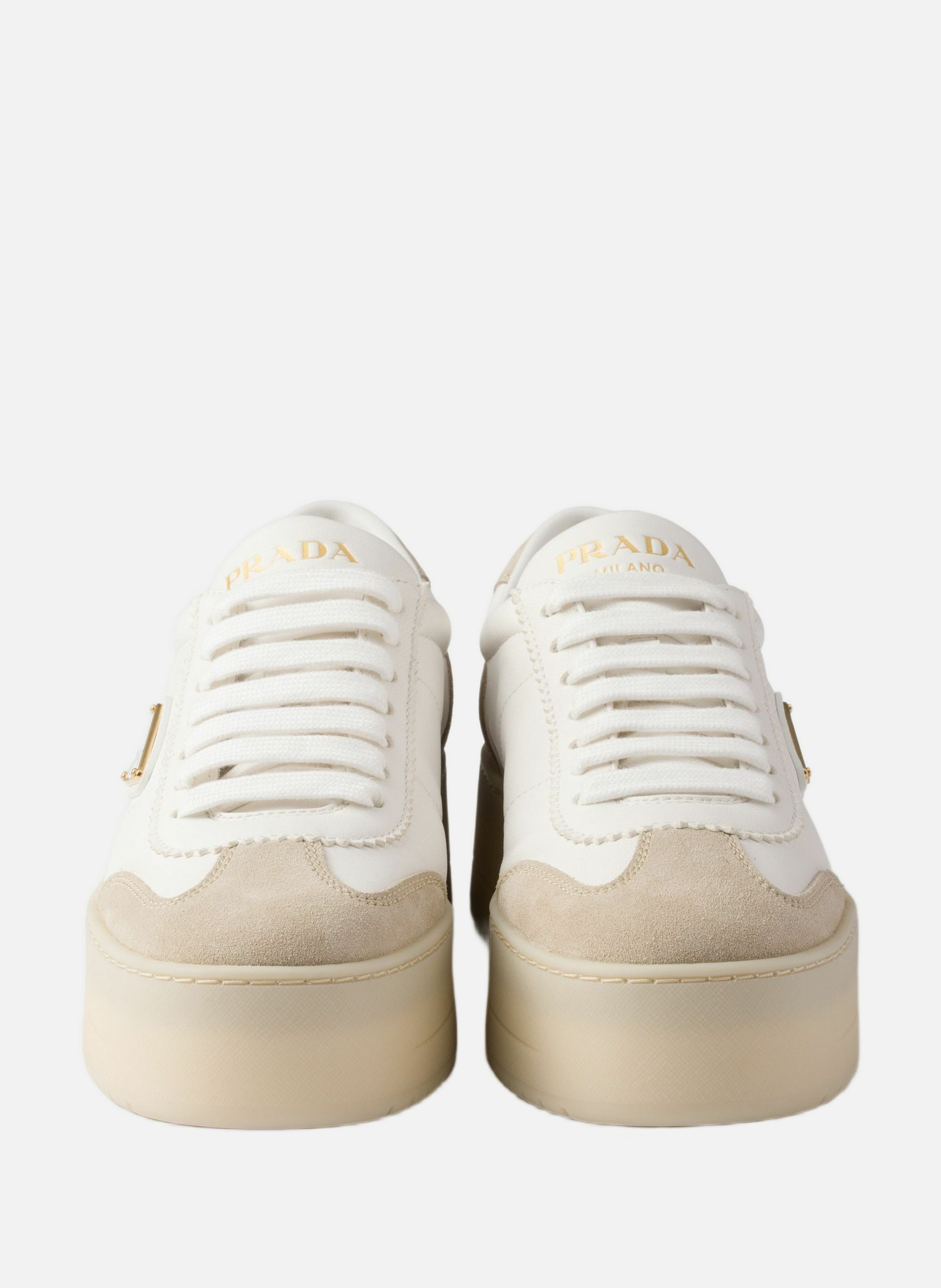 Sneakers downtown bold en cuir nappa et veau velou PRADA Blanc