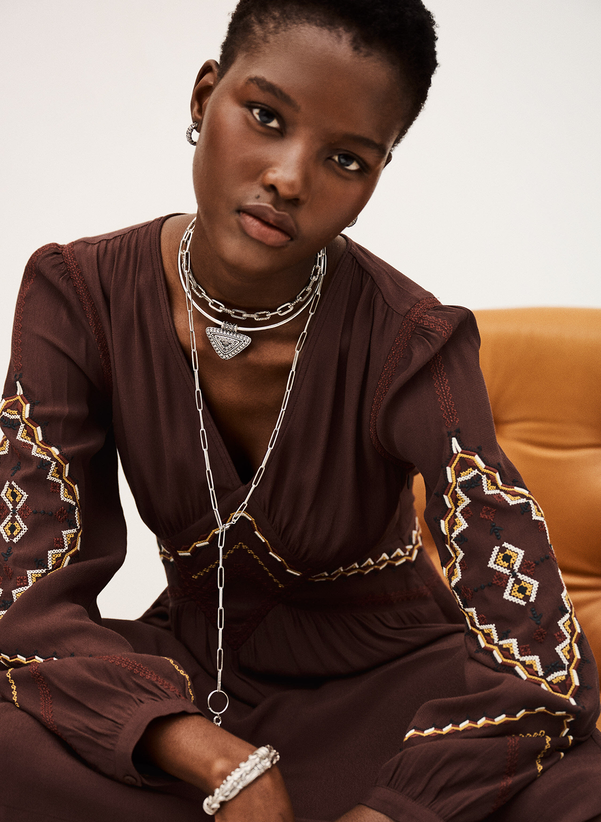 Robe midi col v à broderies tany BA&SH Marron