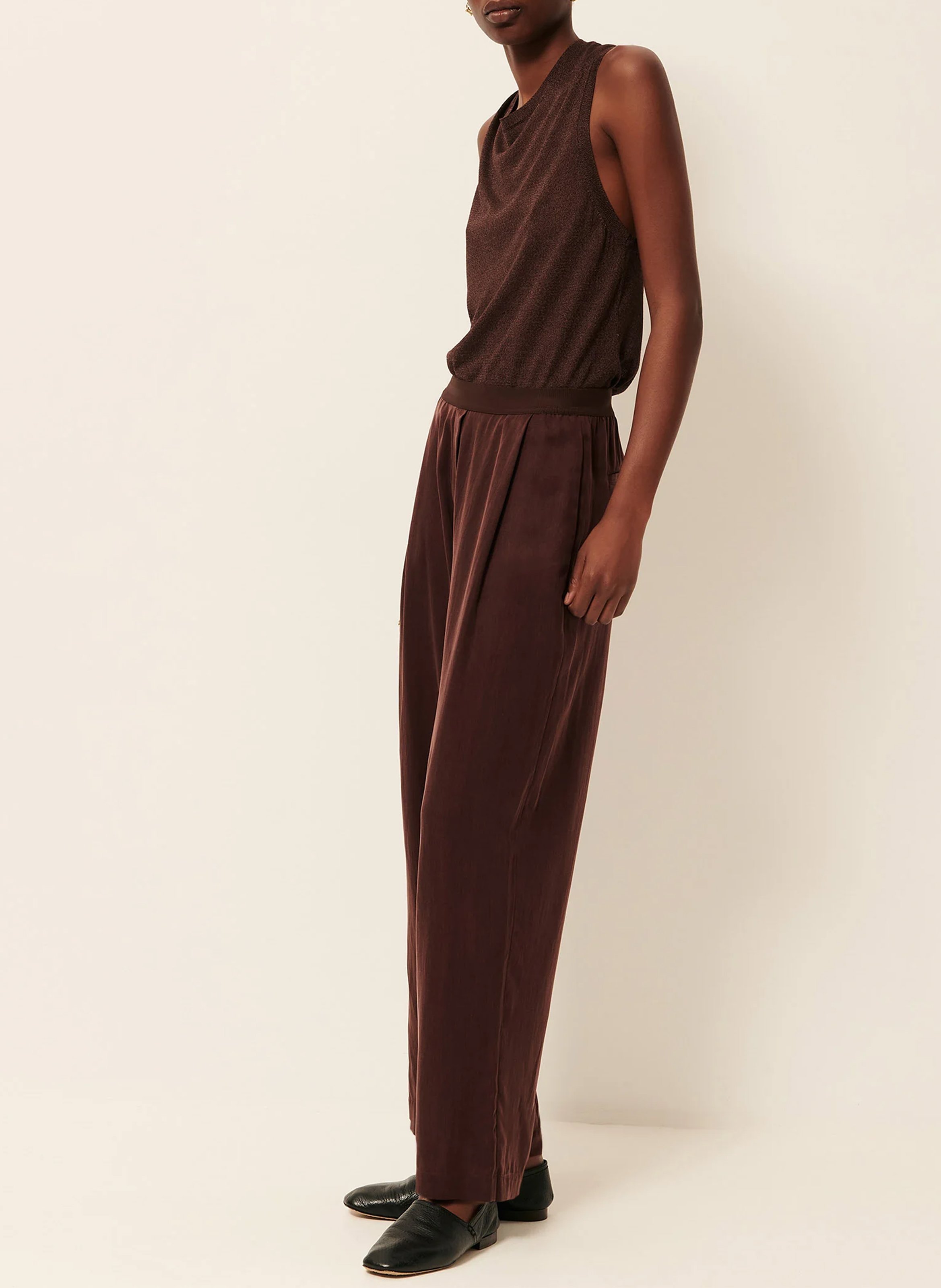Pantalon élastiqué droit à rayures ginza p SESSUN Marron