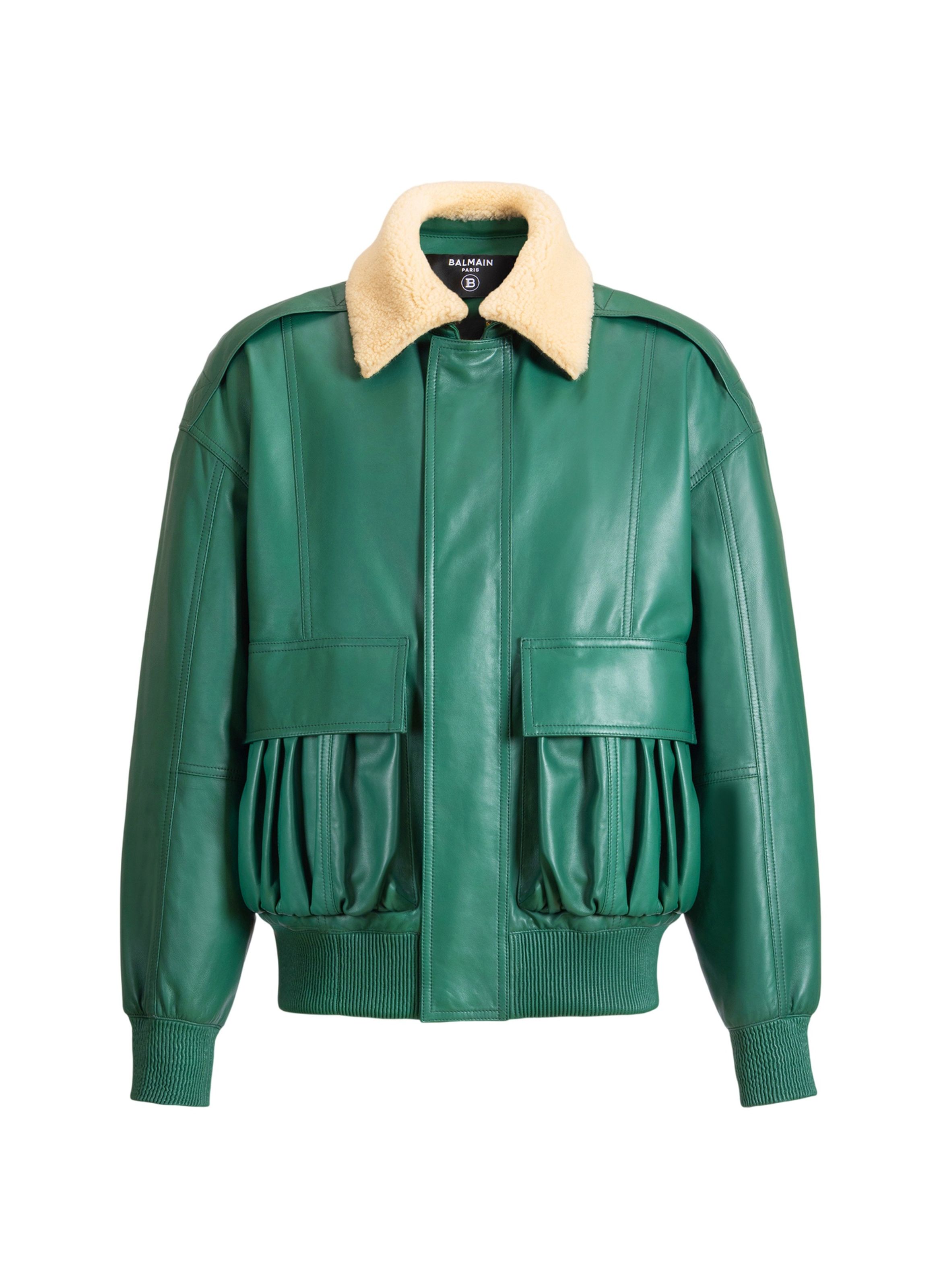 Bomber en cuir et shearling BALMAIN Vert