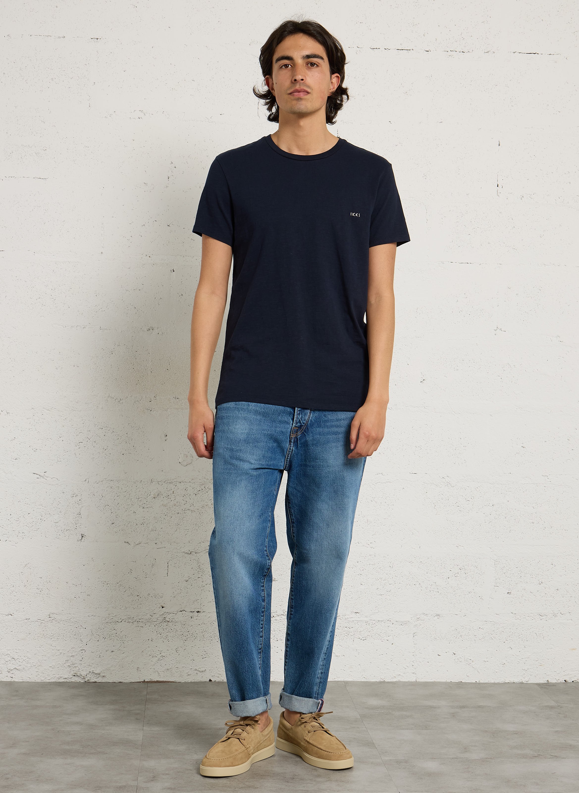 Tee-shirt droit col rond brodé en coton IKKS Bleu