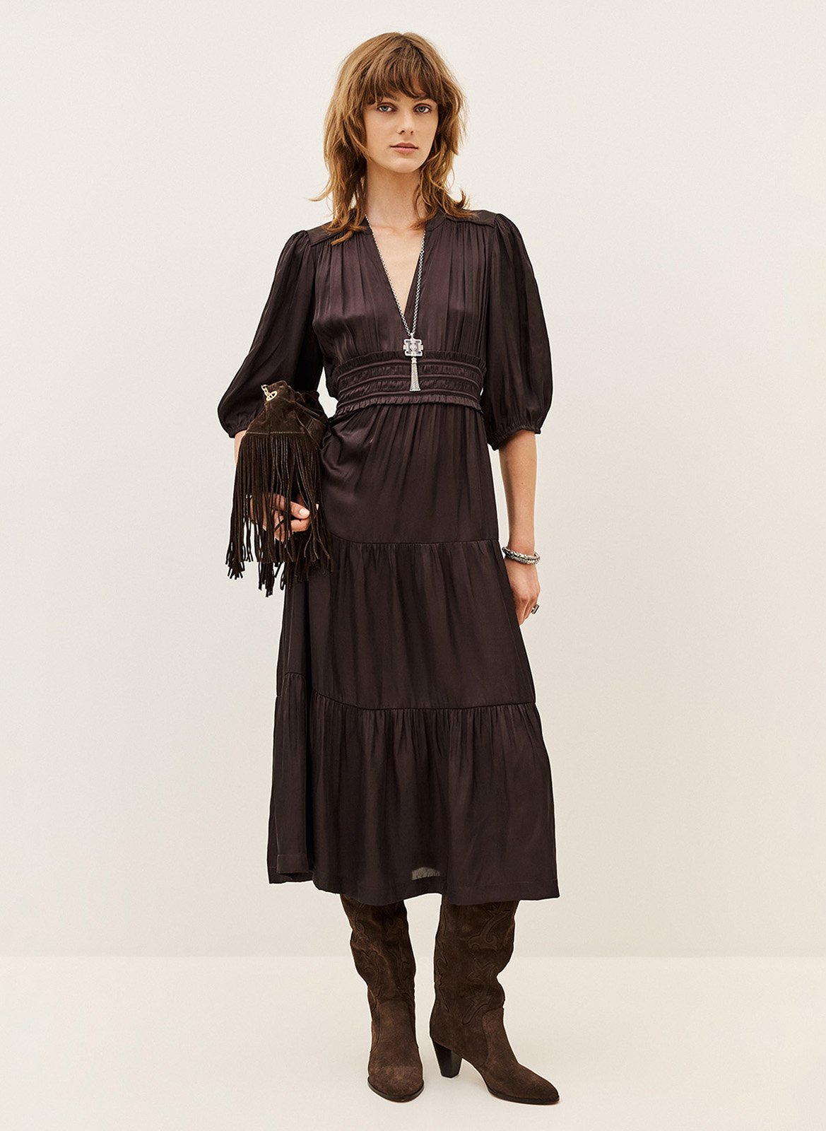 Robe plissée col v cleli  Aubergine