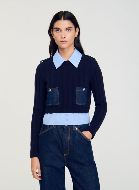 Pull col classique droit en laine et cachemire Bleu by SANDRO SANDRO Pull col classique droit en laine et cachemire Bleu
