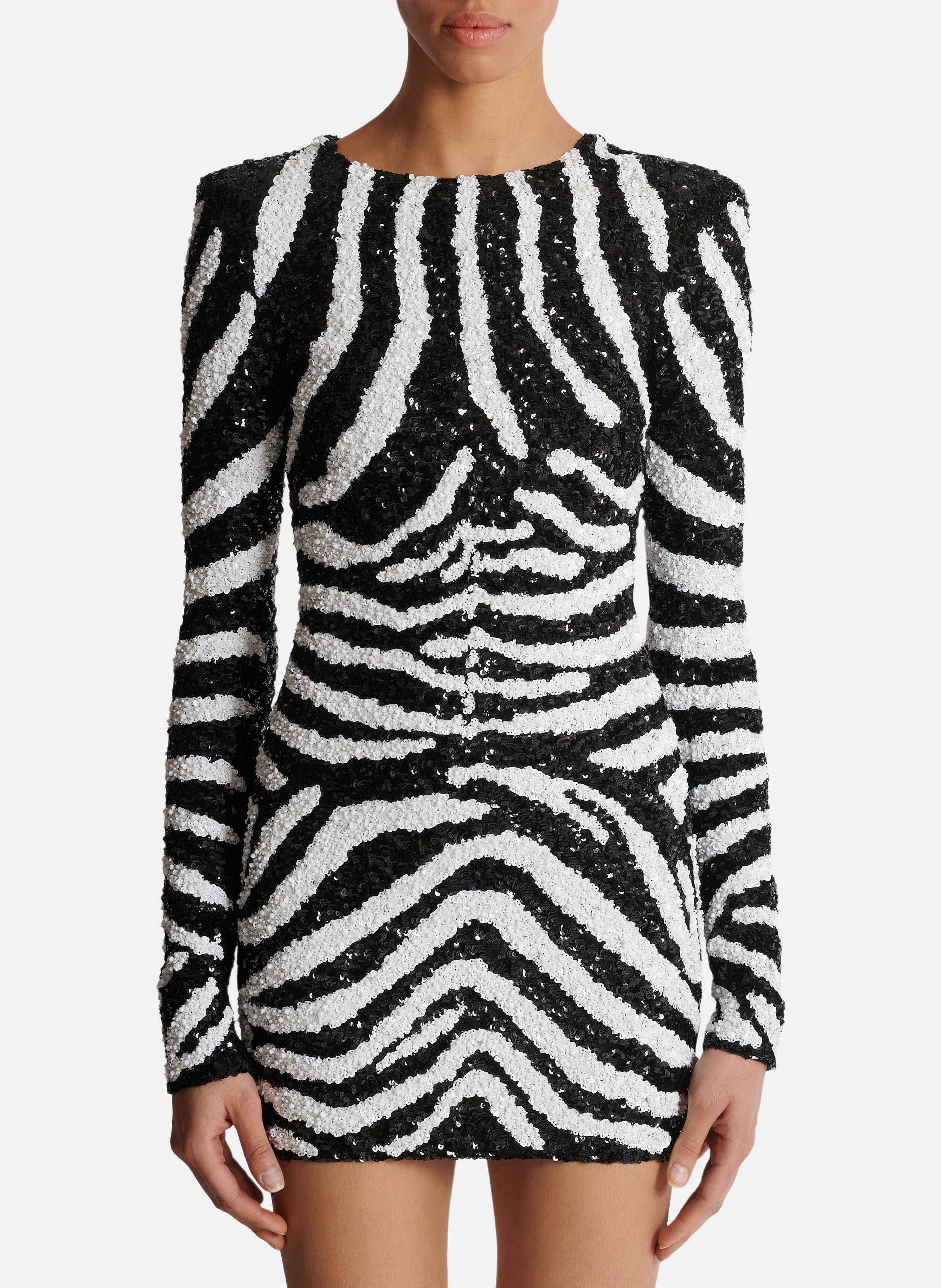 Robe courte bicolore en sequins zebra | Blanc BALMAIN Femme
