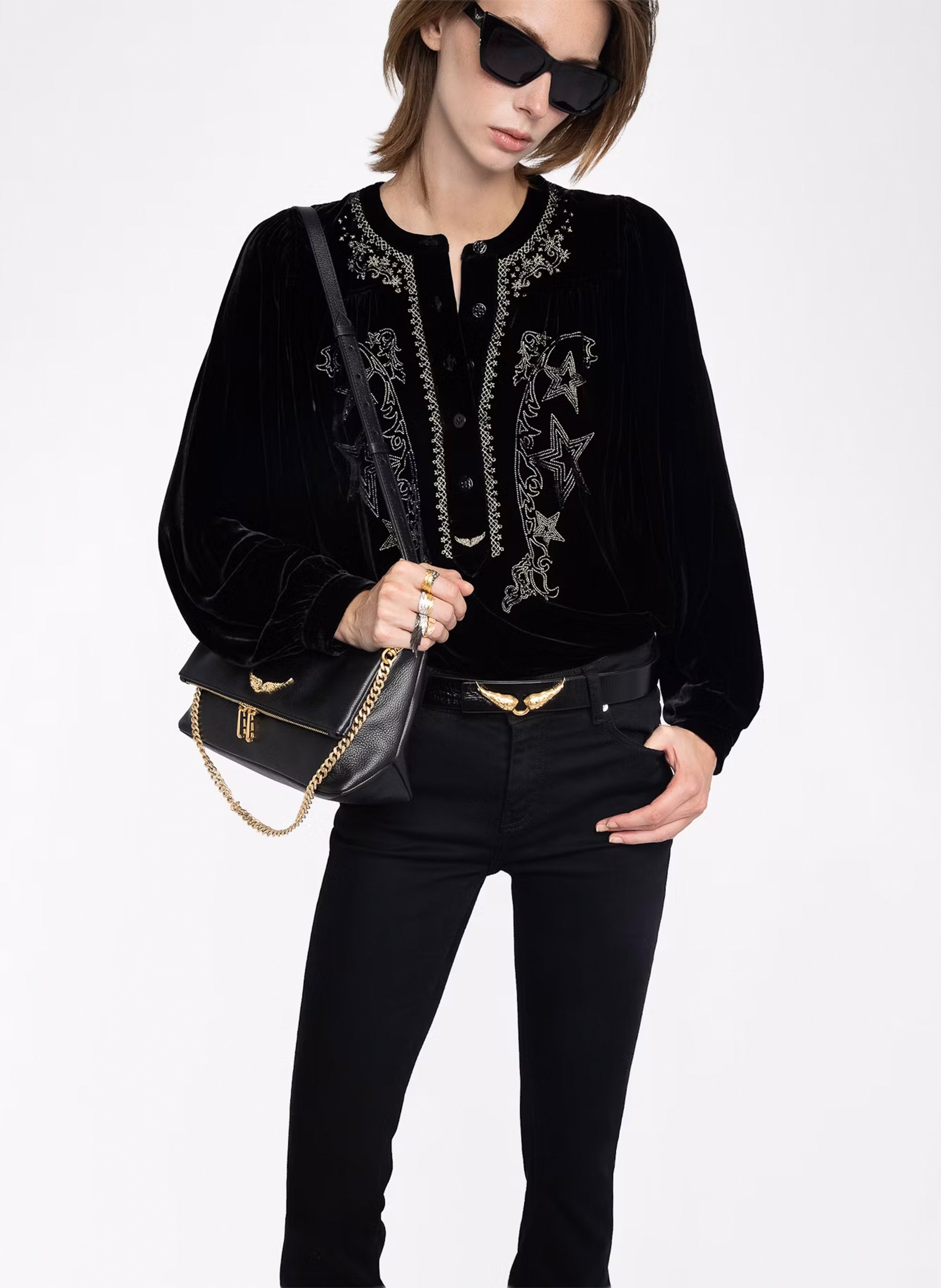 Blouse en velours brodéee col rond tigy ZADIG&VOLTAIRE Noir