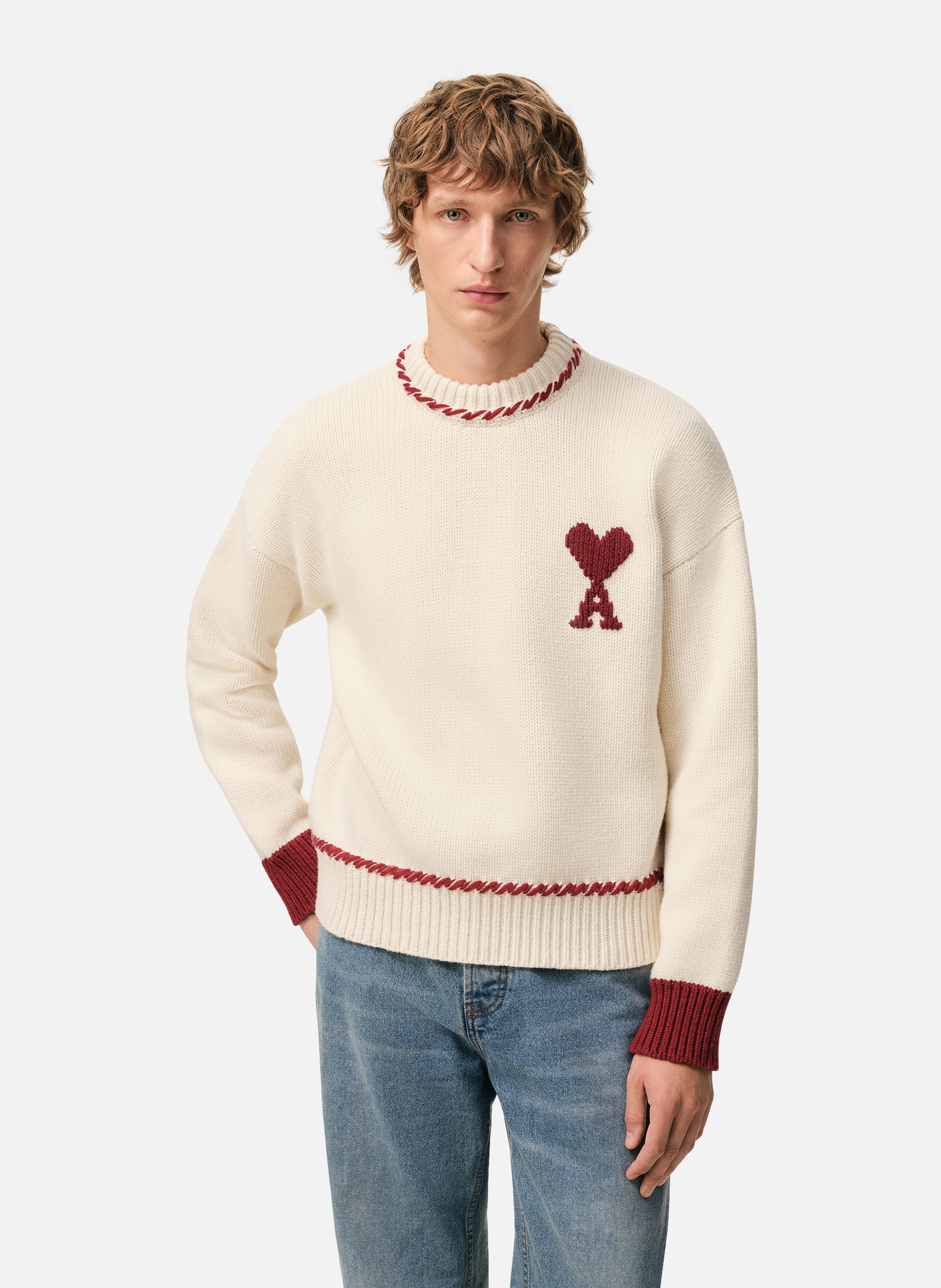 Pull col rond ami de coeur unisexe en laine AMI PARIS Blanc