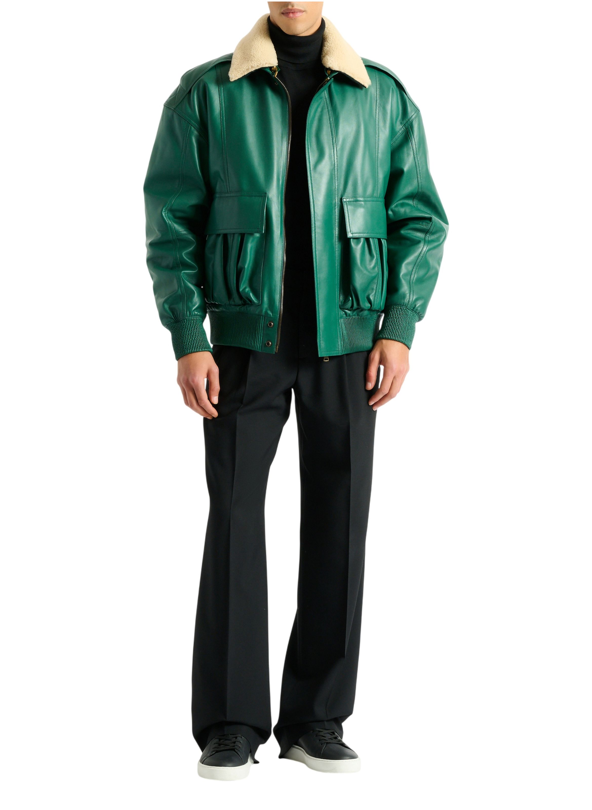 Bomber en cuir et shearling BALMAIN Vert