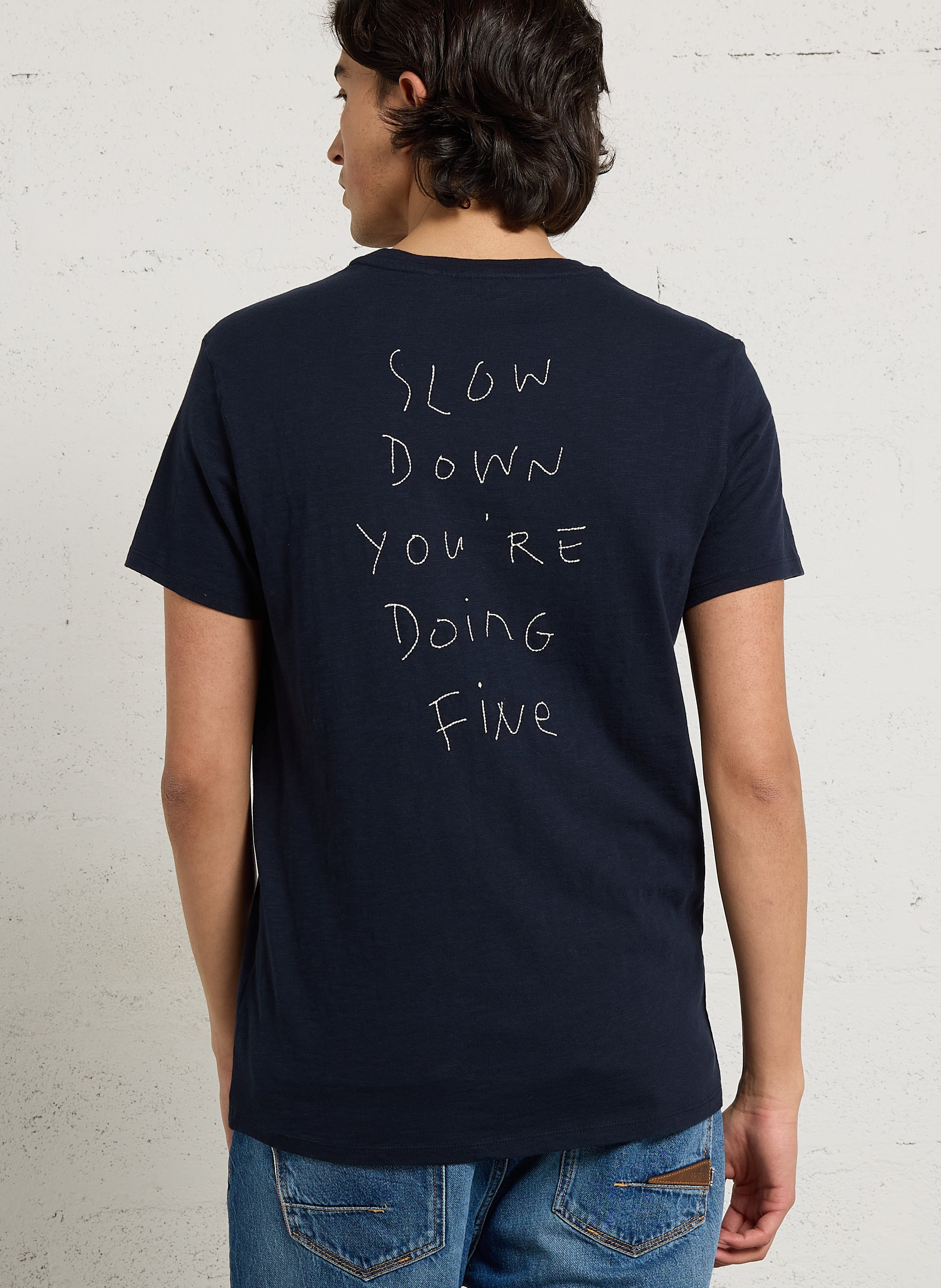 Tee-shirt droit col rond brodé en coton IKKS Bleu