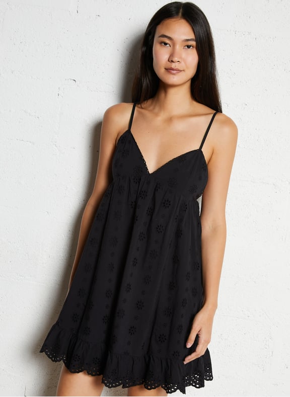 Robe courte col v en coton Noir by IKKS IKKS Robe courte col v en coton Noir