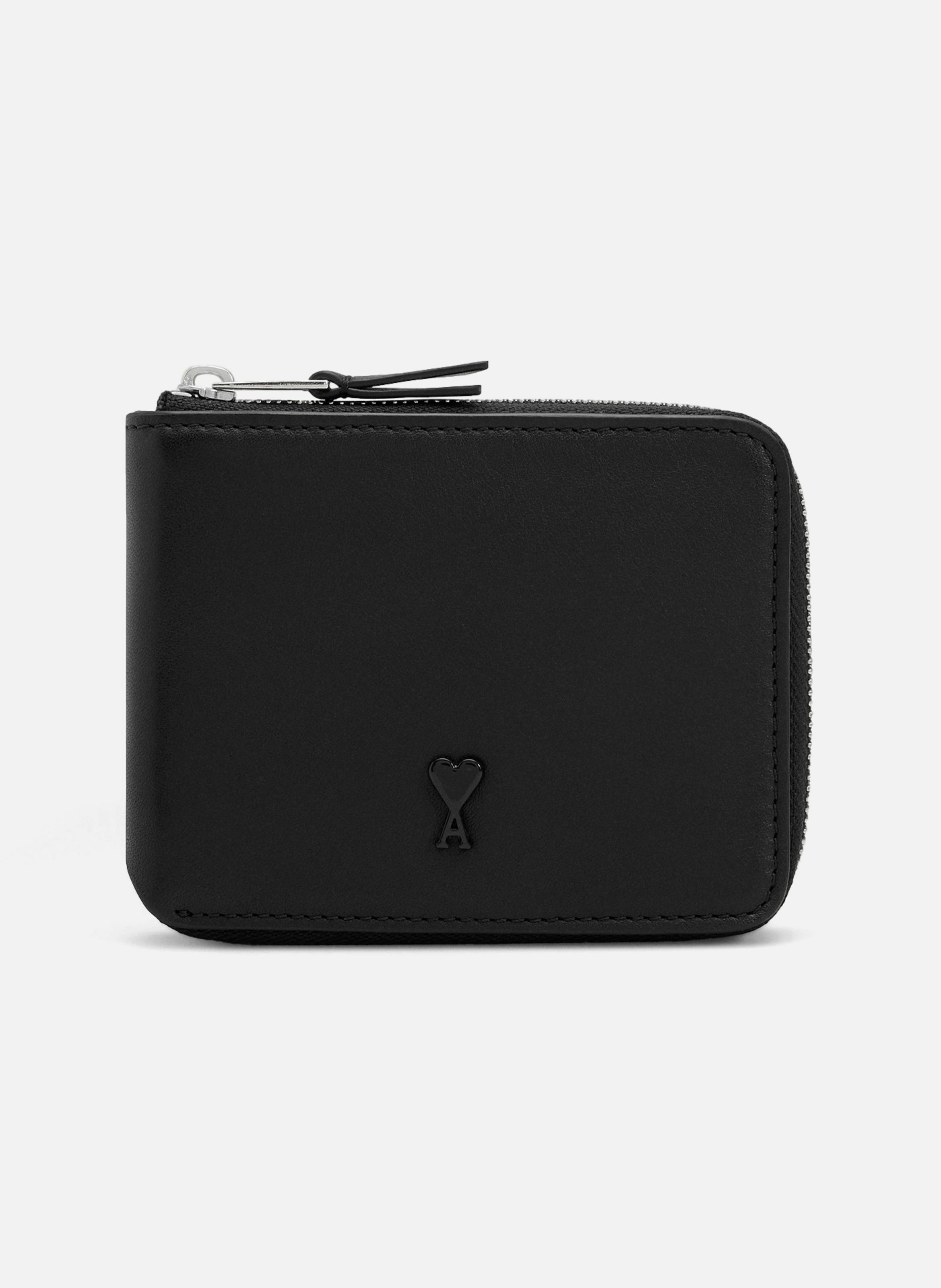 Portefeuille compact ami de coeur en cuir lisse unisexe AMI PARIS Noir