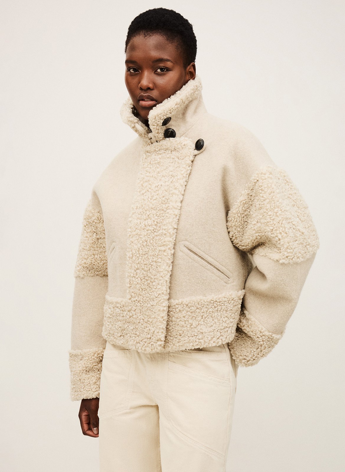 Manteau court col tailleur effet fourrure fleet BA&SH Beige