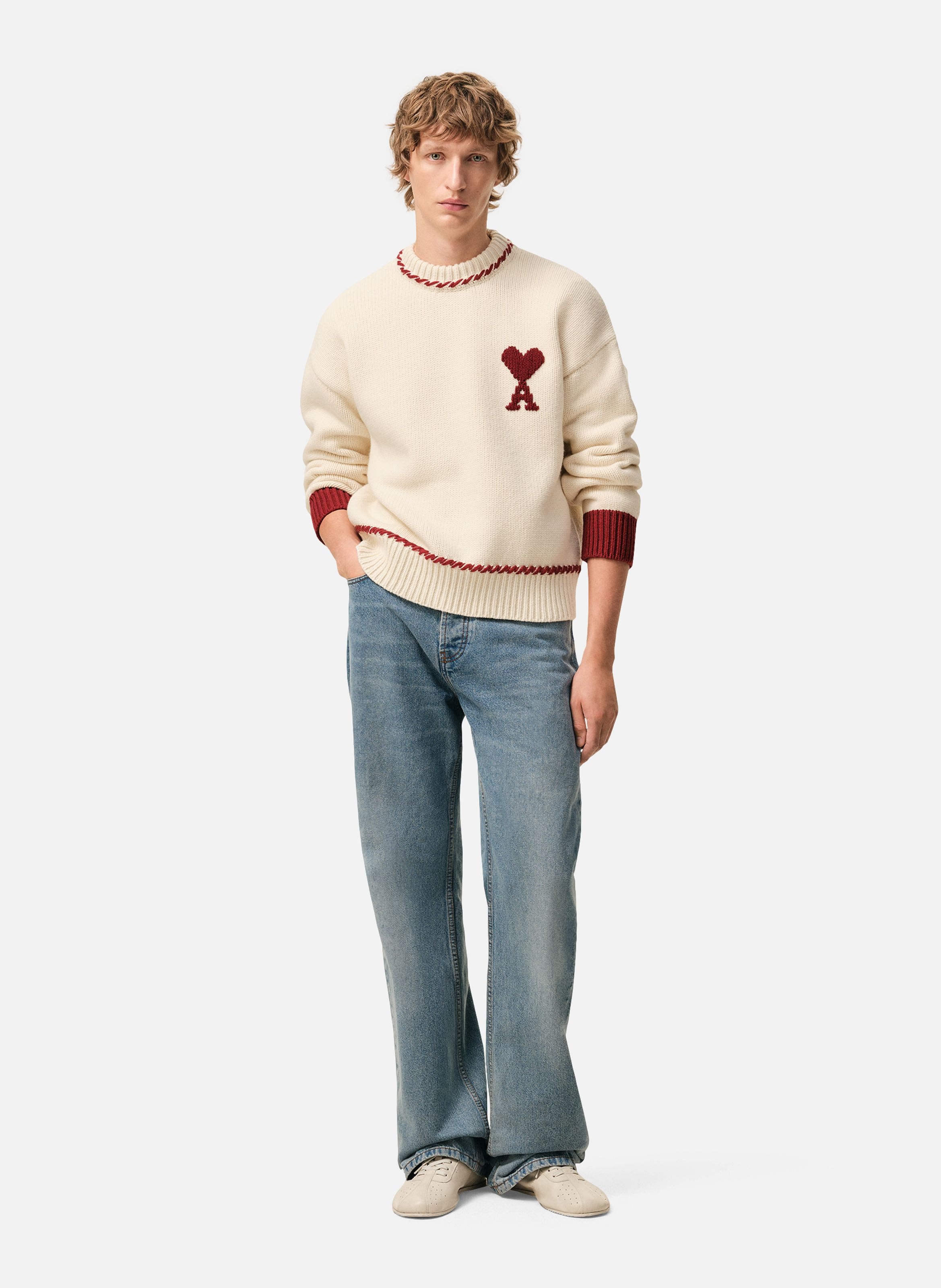 Pull col rond ami de coeur unisexe en laine AMI PARIS Blanc