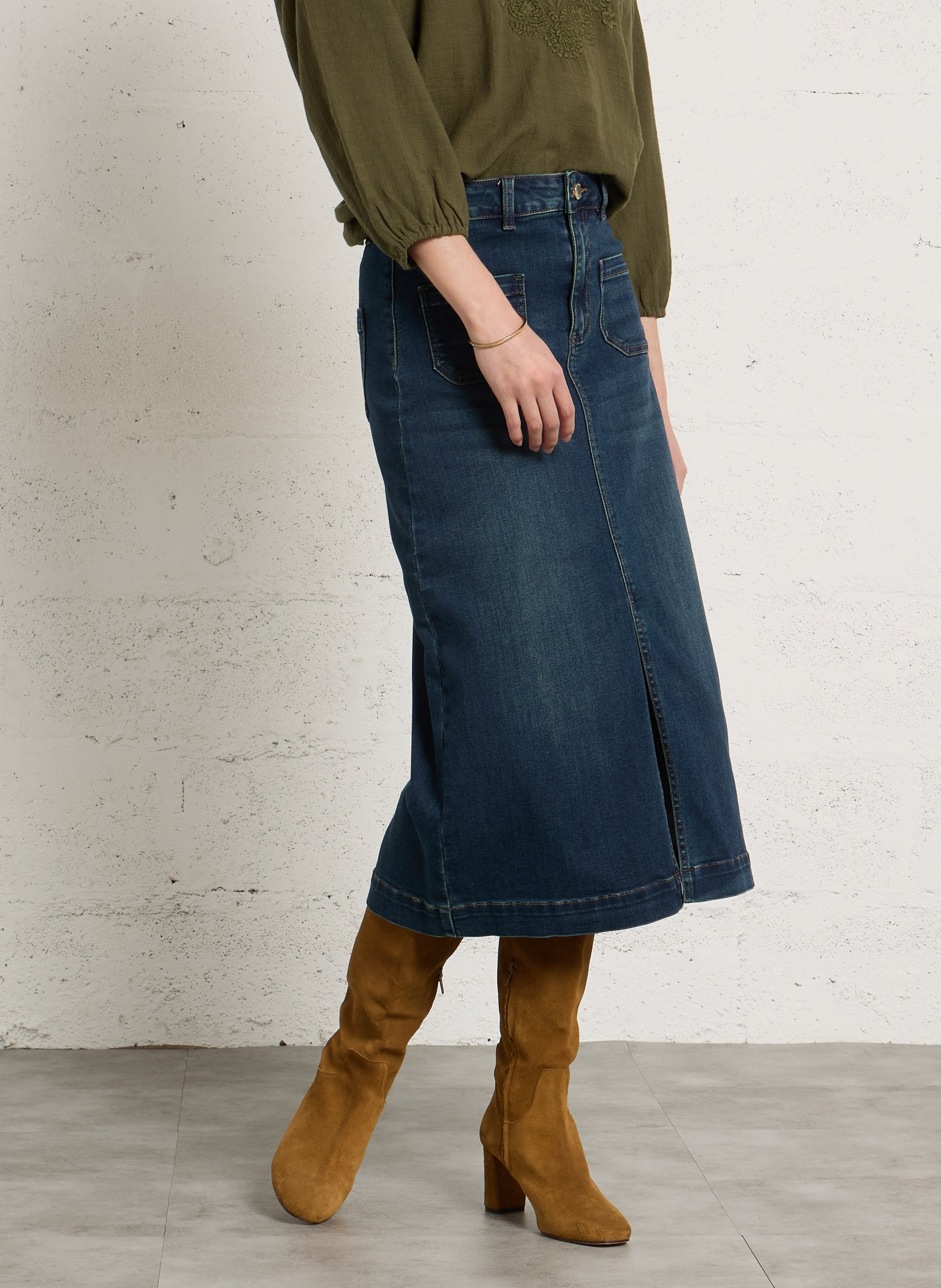 Jupe midi droite en denim de coton mélangé ophe MAISON 123 Bleu