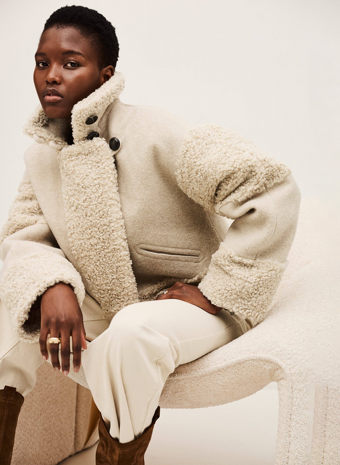 Manteau court col tailleur effet fourrure fleet BA&SH Beige