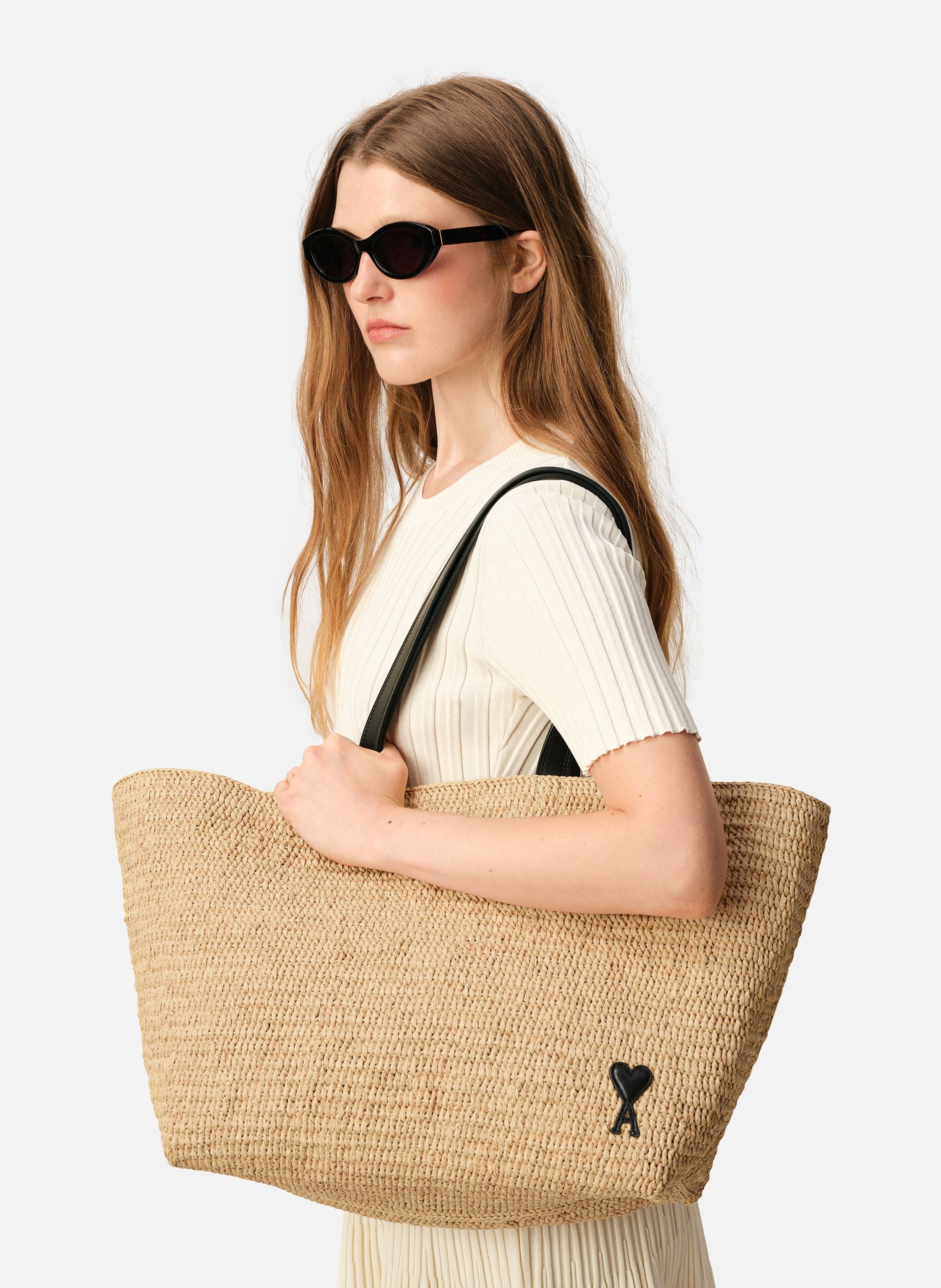 Cabas ami de coeur naturel en raphia unisexe AMI PARIS Beige