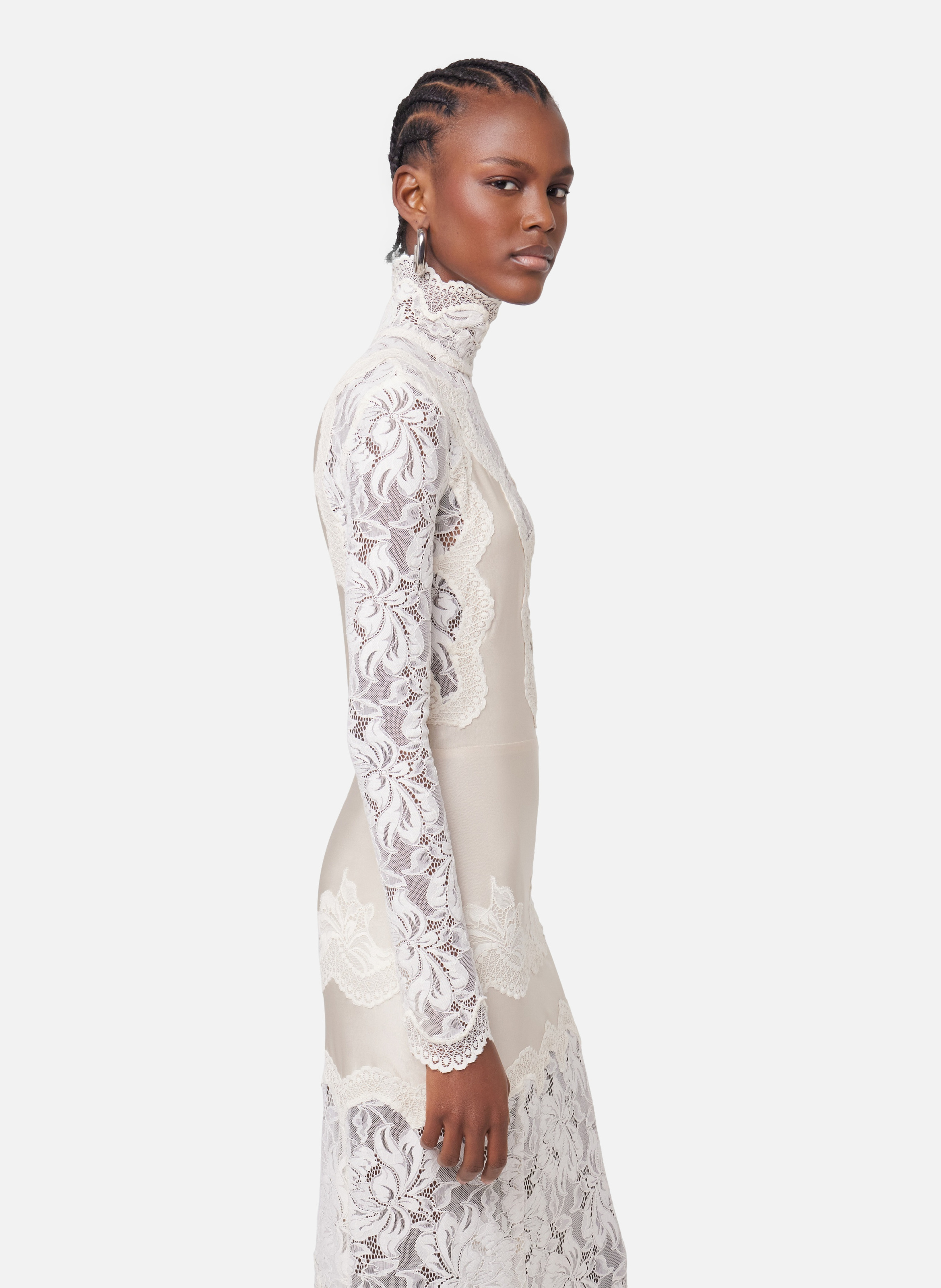 Robe longue en dentelle et jersey Blanc