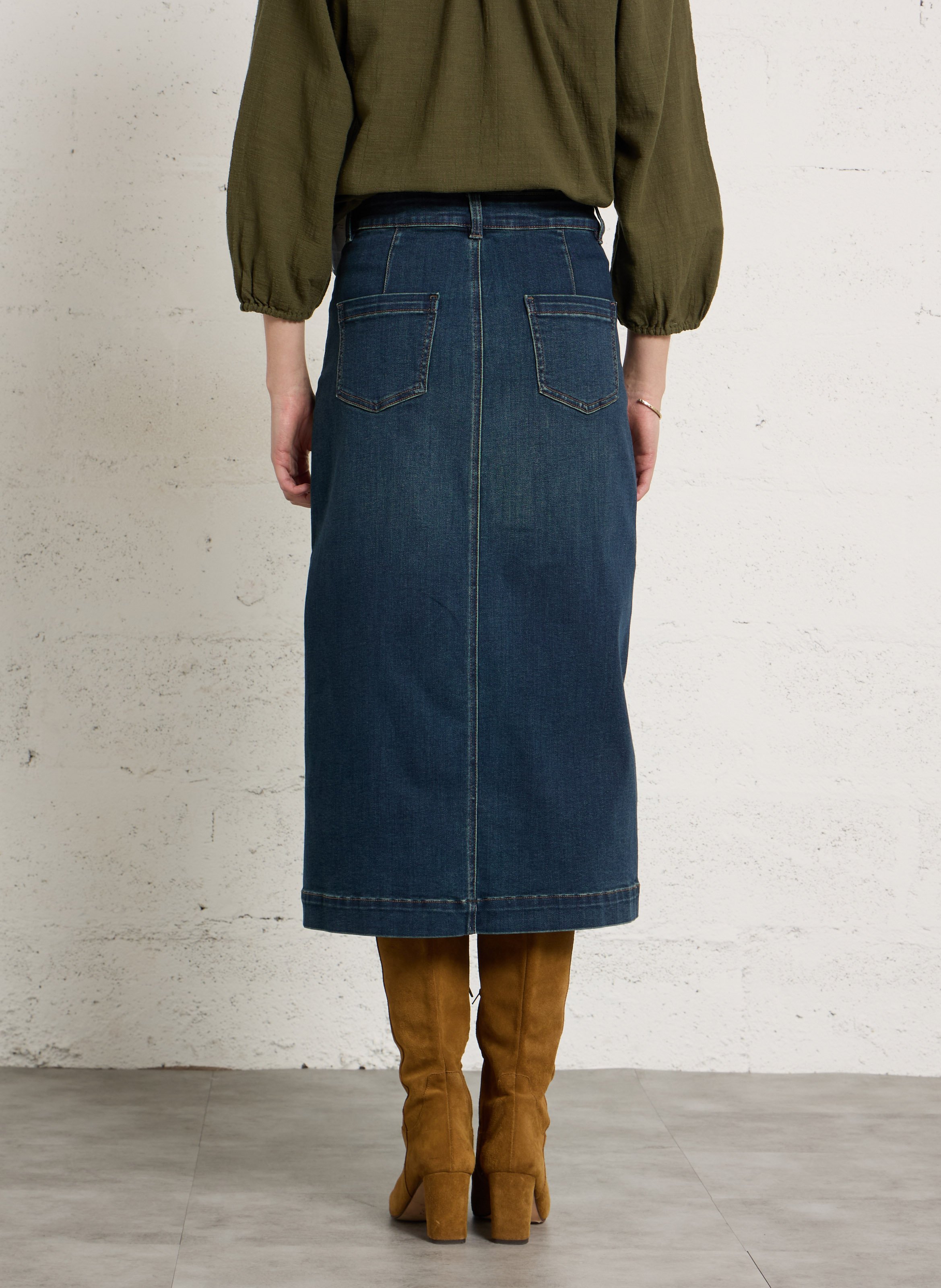 Jupe midi droite en denim de coton mélangé ophe MAISON 123 Bleu