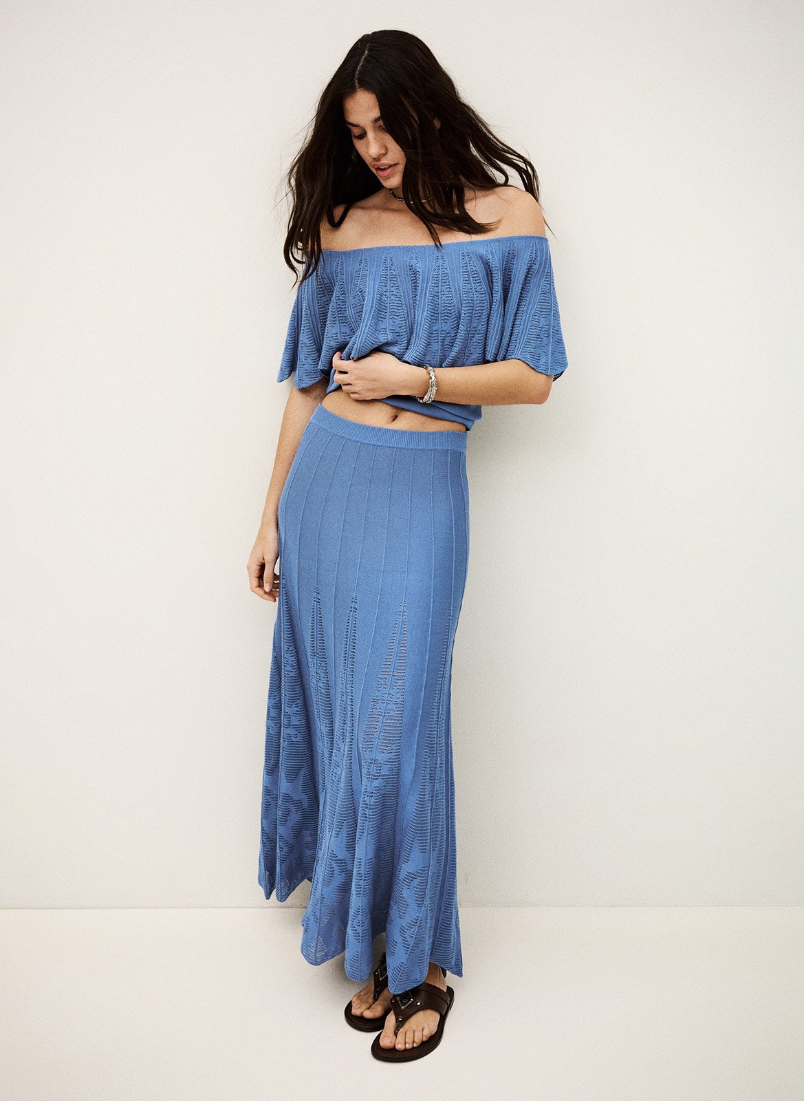 Jupe longue évasée à détails ajourés serta BA&SH Bleu