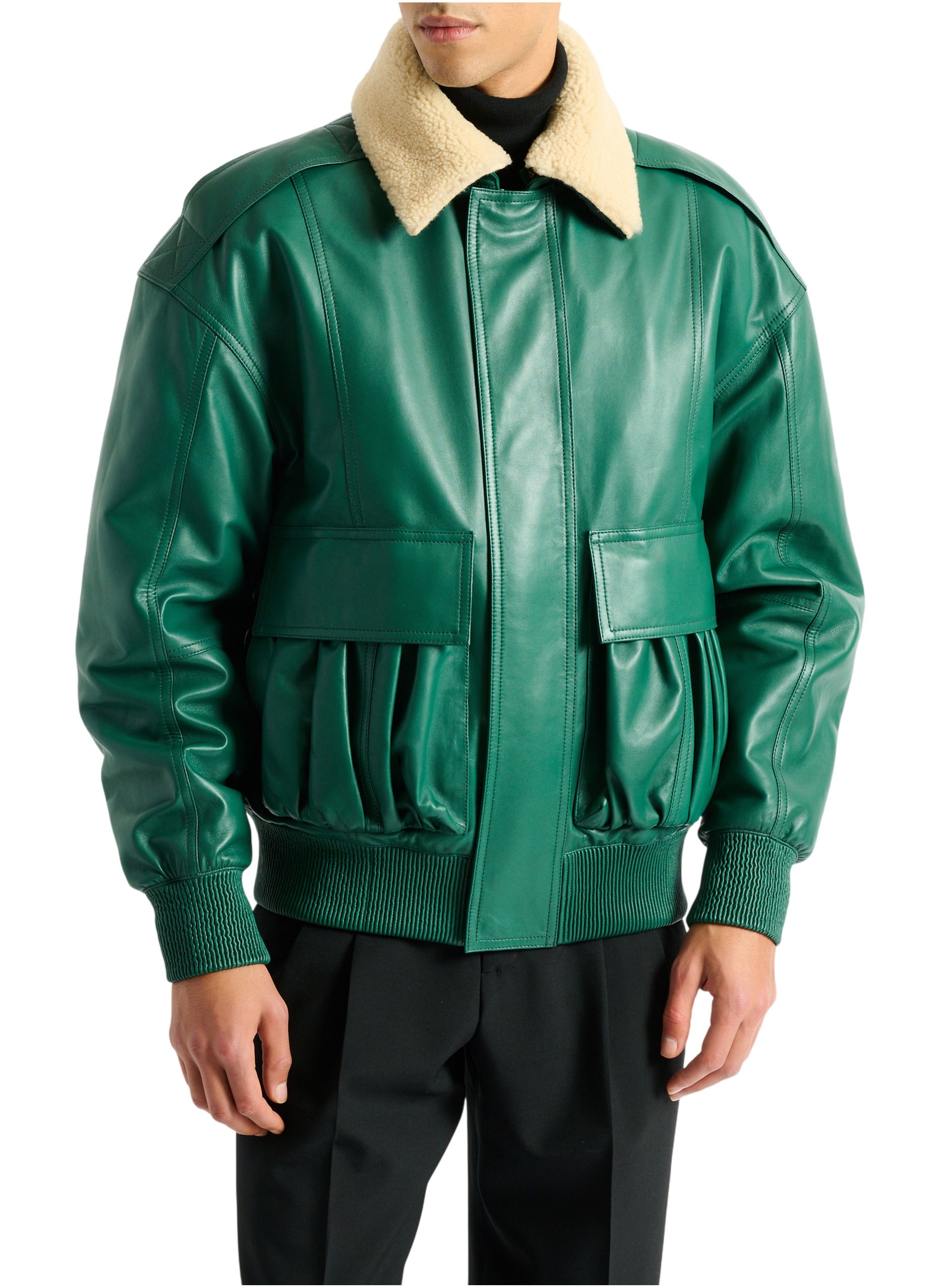 Bomber en cuir et shearling BALMAIN Vert