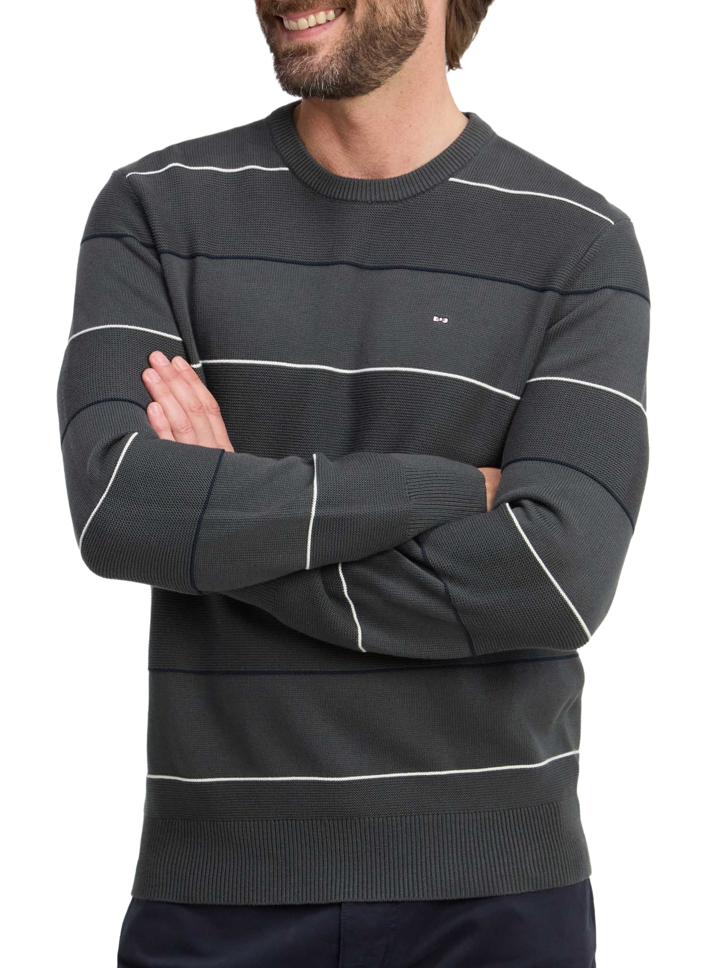 Pull col rond rayé en coton EDEN PARK Khaki