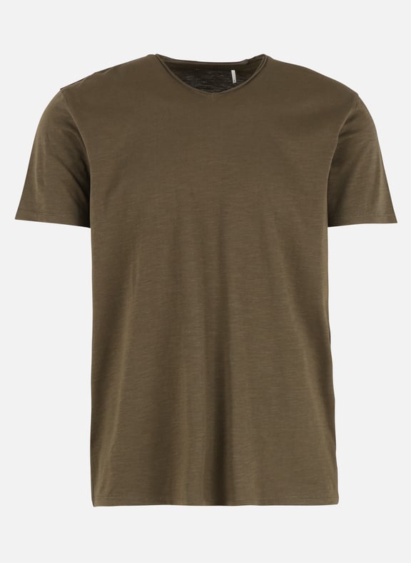 Tee-shirt col v slim en coton flammé Kaki by IKKS IKKS Tee-shirt col v slim en coton flammé Kaki