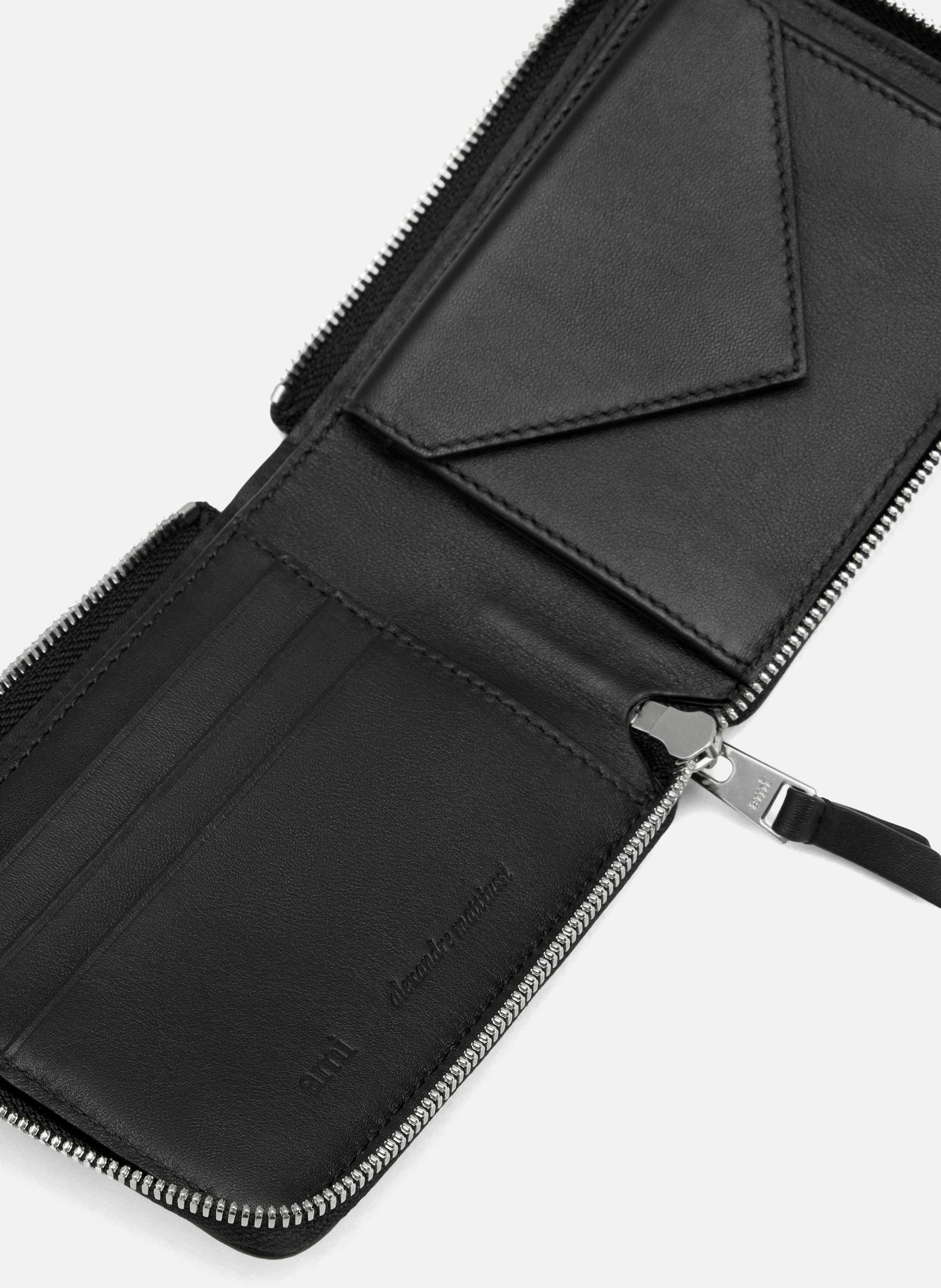 Portefeuille compact ami de coeur en cuir lisse unisexe AMI PARIS Noir