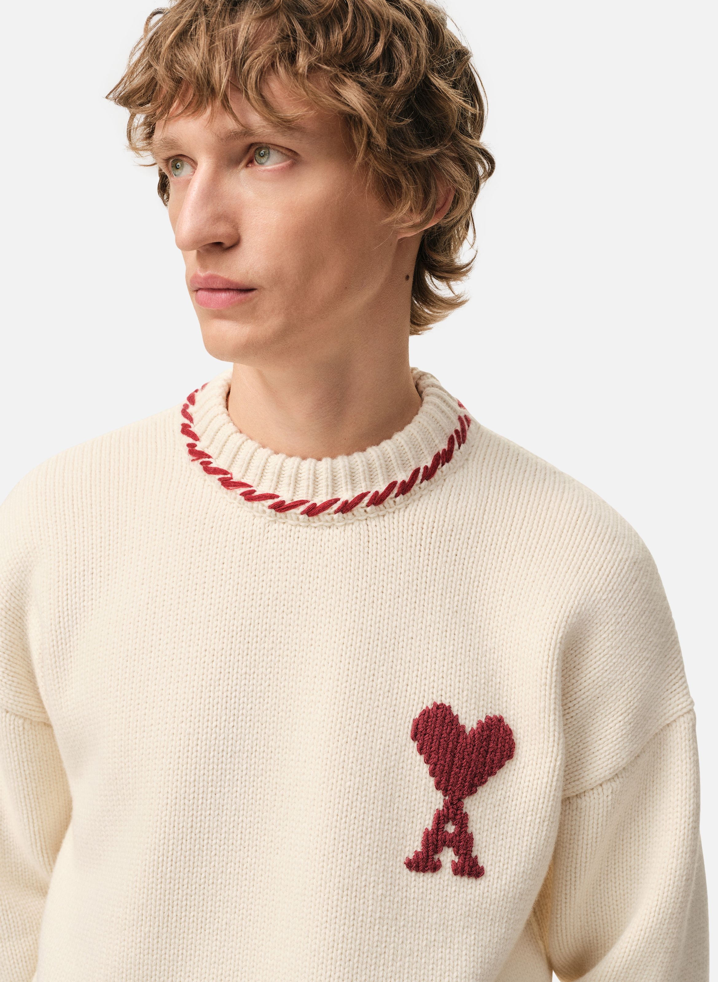 Pull col rond ami de coeur unisexe en laine AMI PARIS Blanc