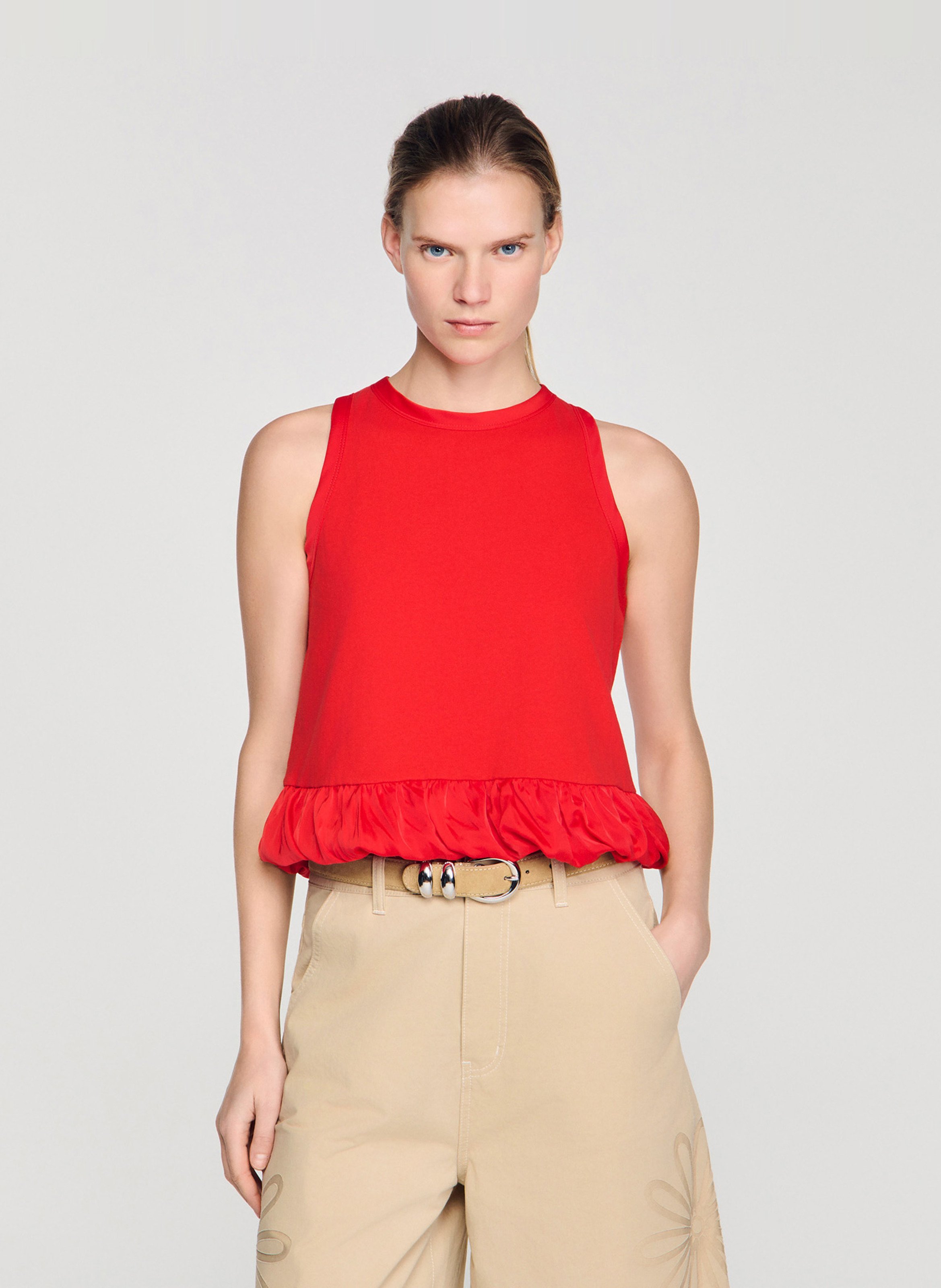 Top droit col rond en coton SANDRO Rouge