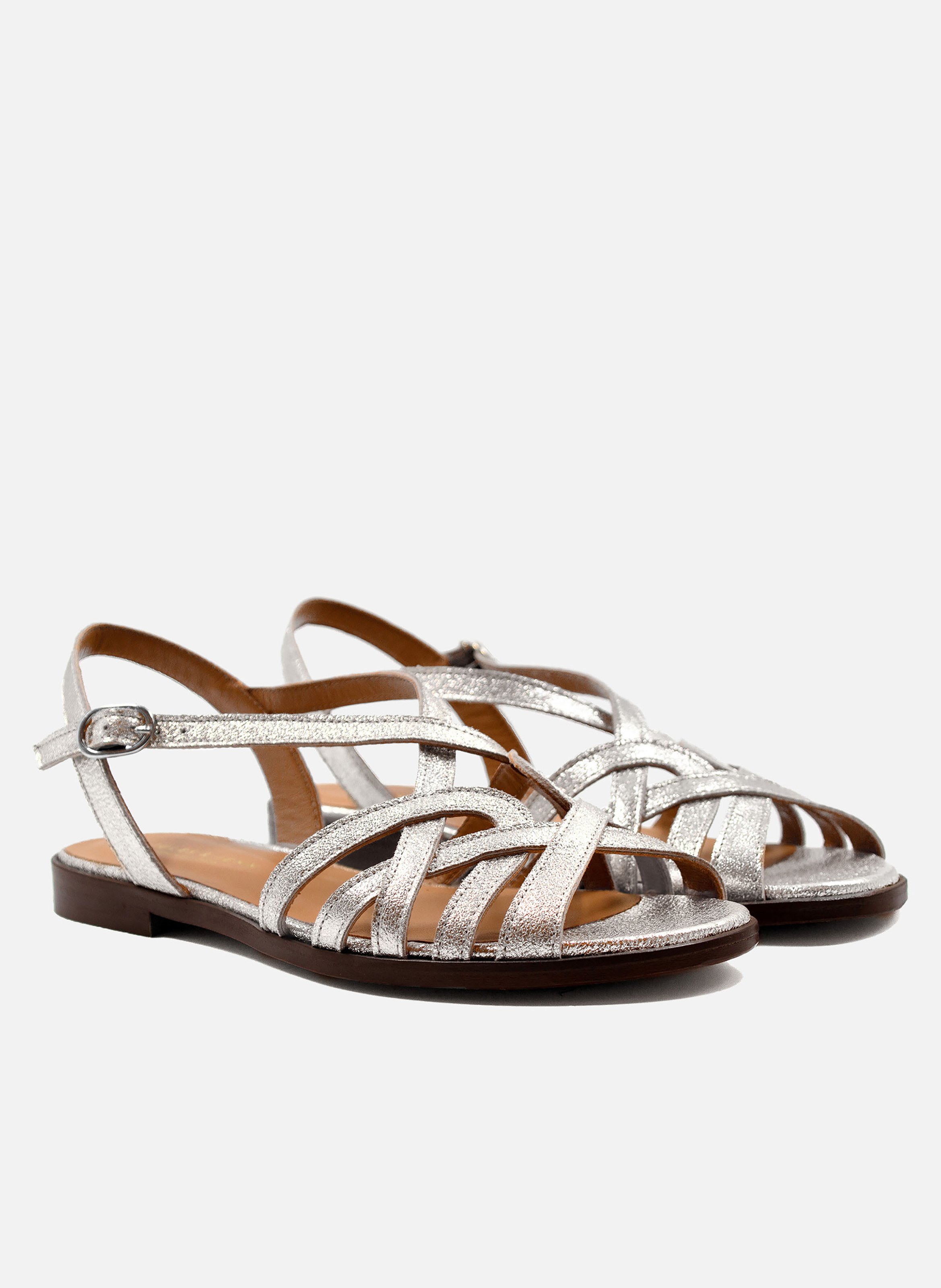 Sandales plates brides cuir métallisé JULES & JENN Argent