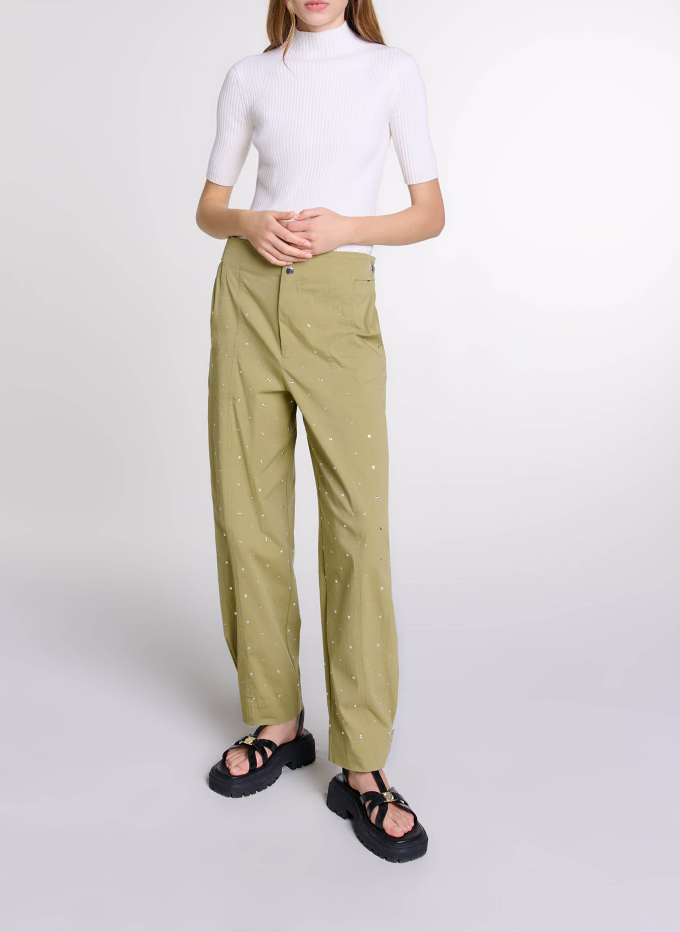 Top col rond en coton mélangé Beige