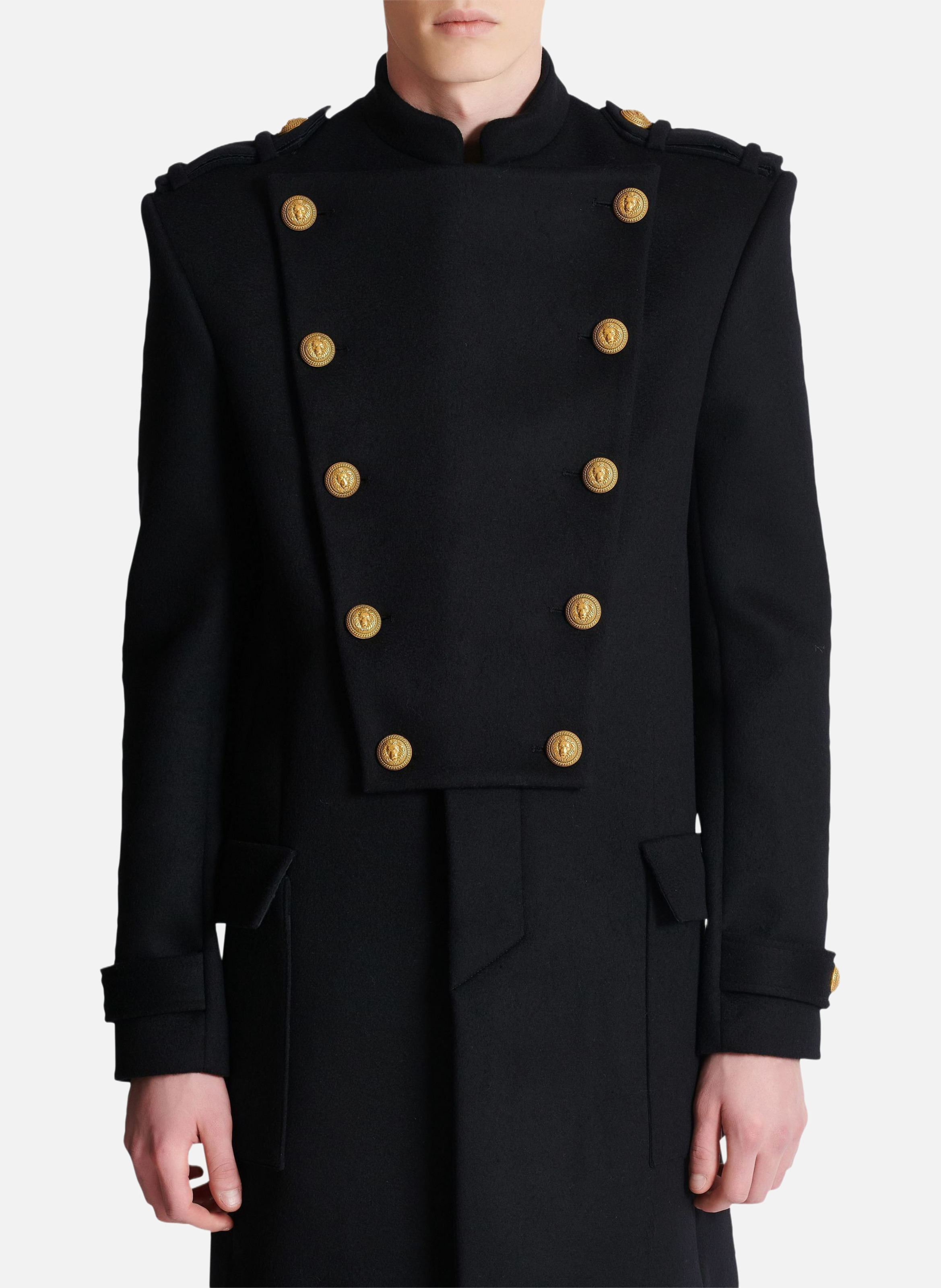 Manteau en laine et cachemire à plastron amovible BALMAIN Noir