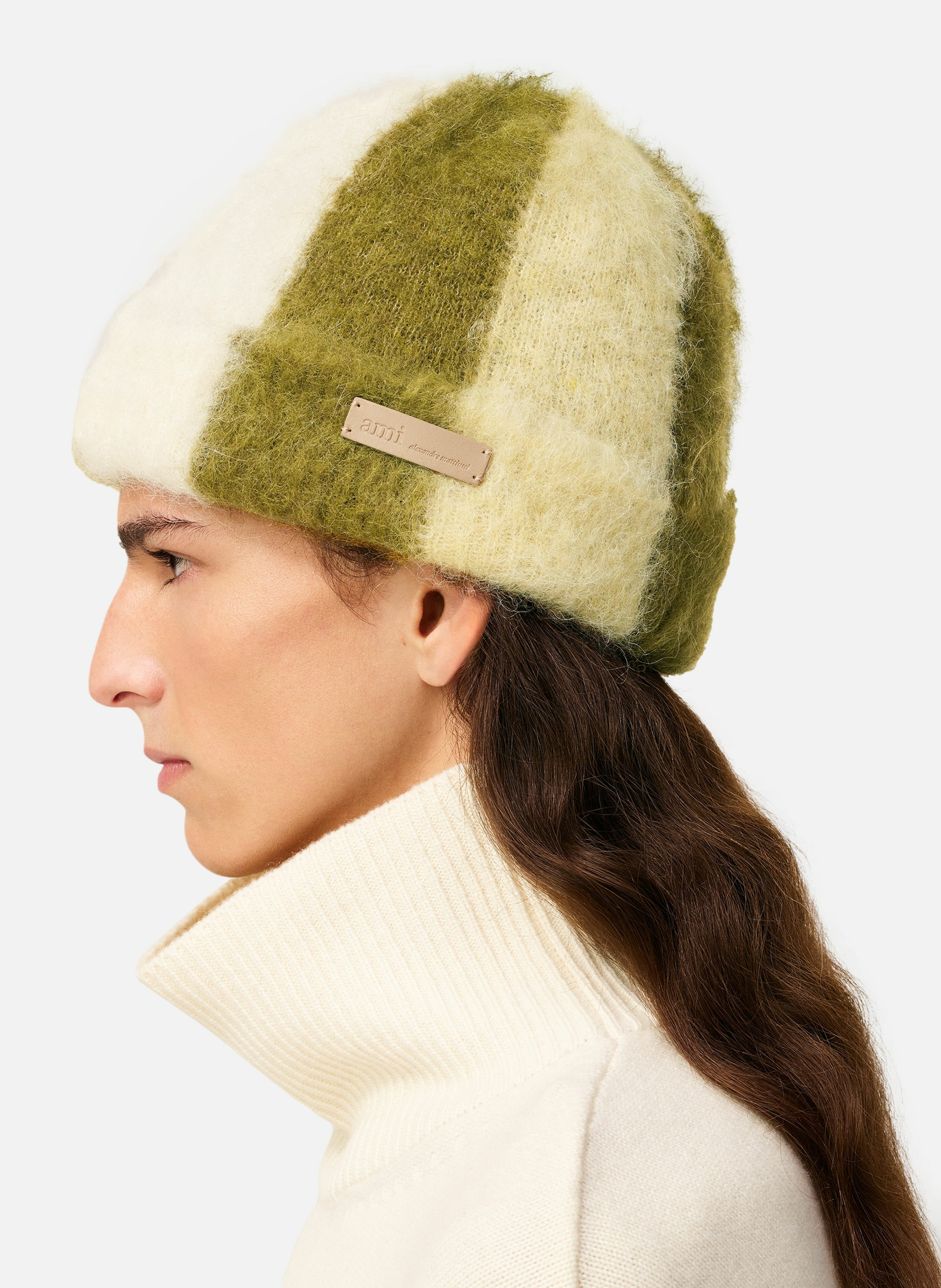 Bonnet rayé ami de coeur en alpaga unisexe AMI PARIS Beige