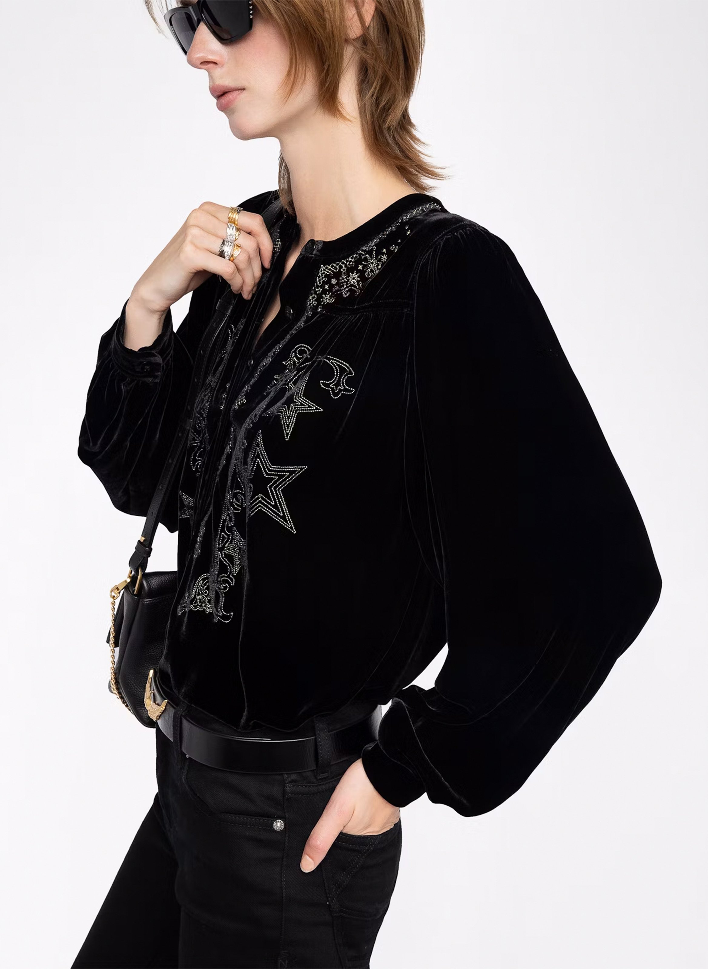 Blouse en velours brodéee col rond tigy ZADIG&VOLTAIRE Noir