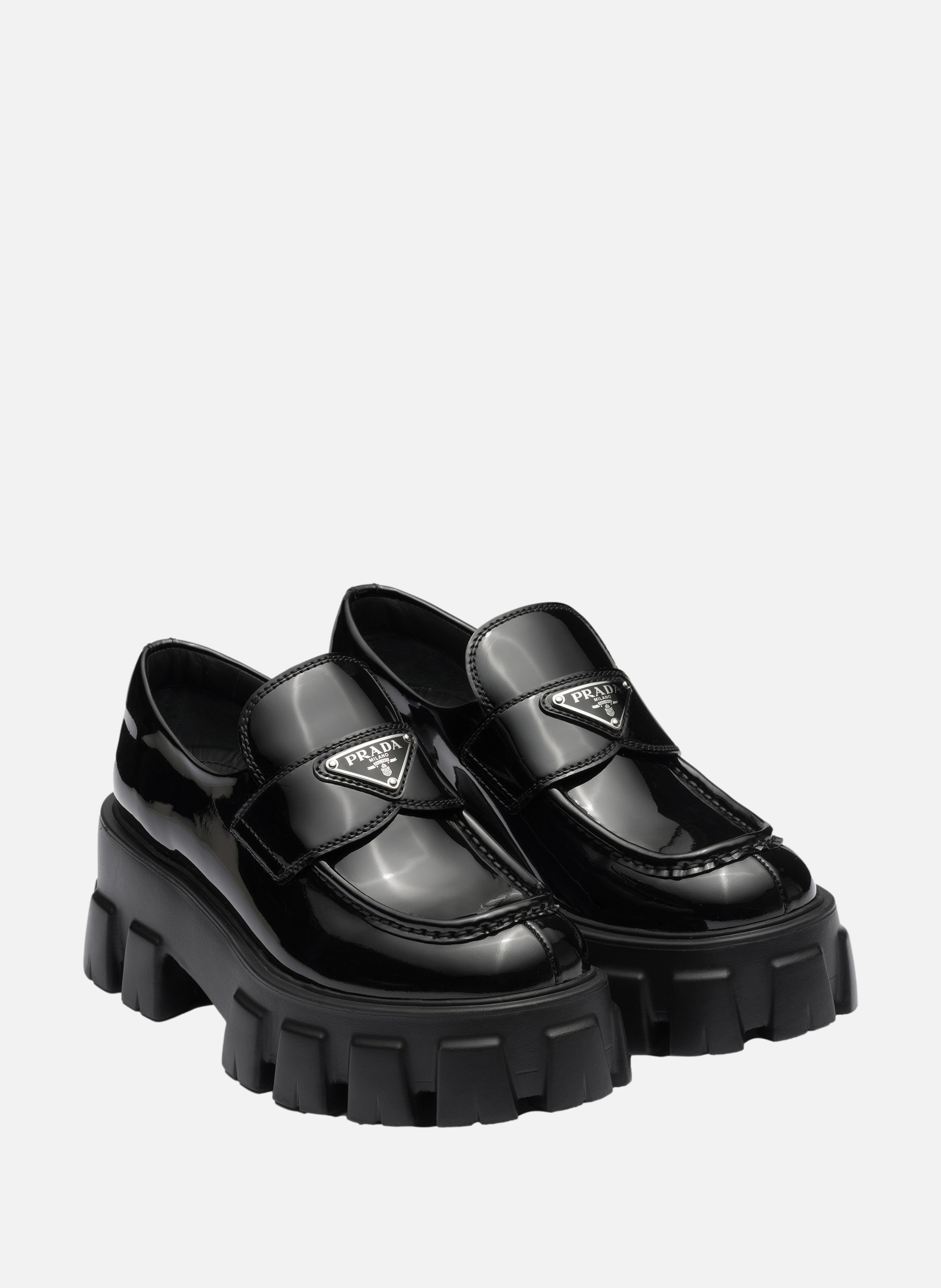 Mocassins monolith en cuir verni PRADA Noir