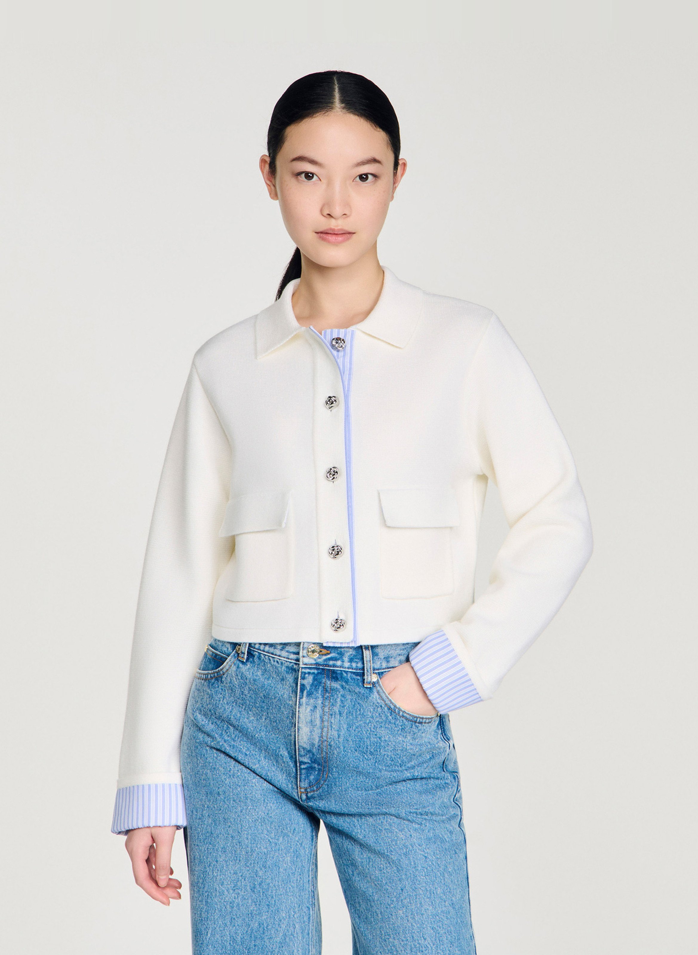 Cardigan court à détail rayé en laine mélangée SANDRO Beige