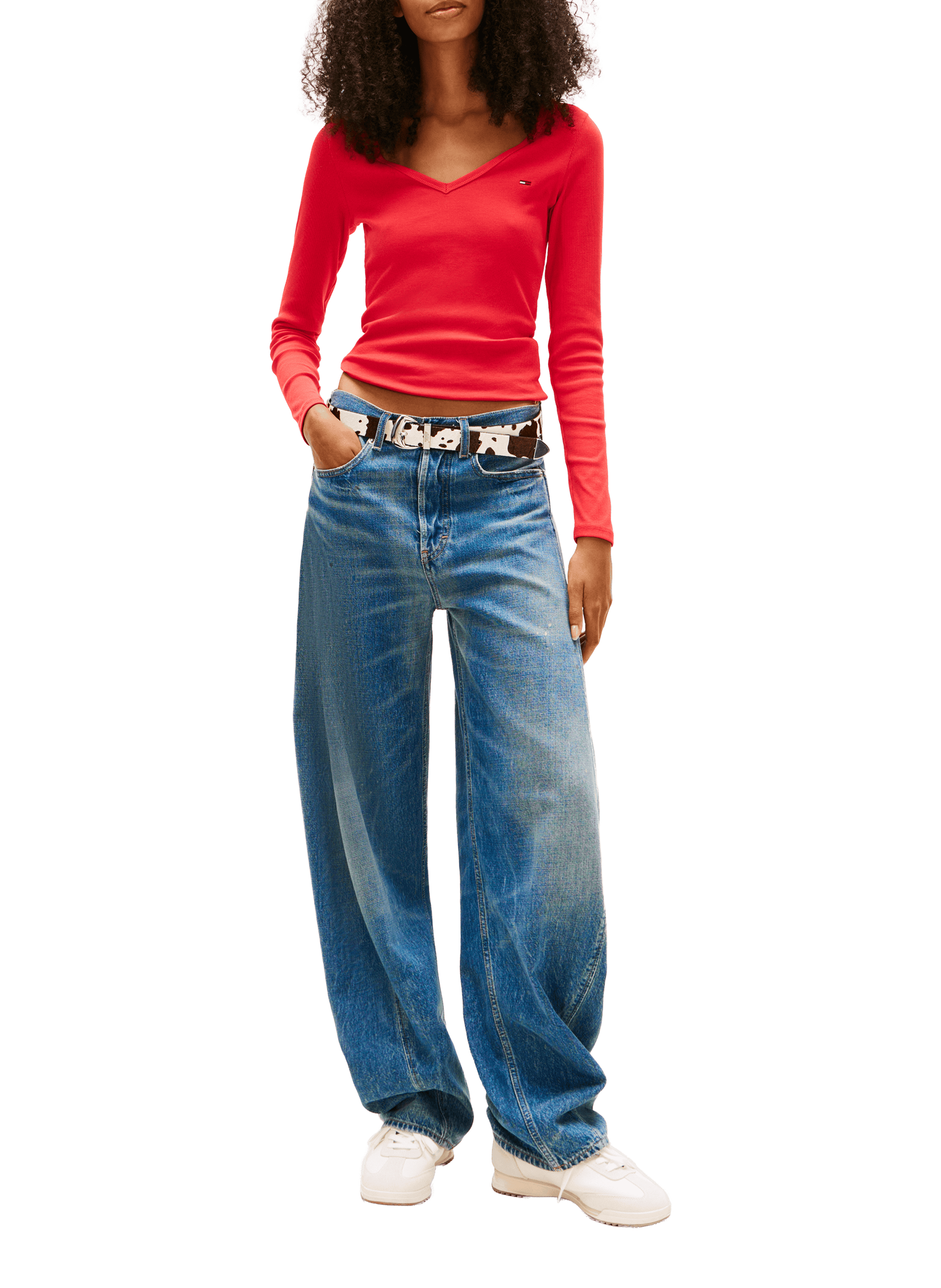 T-shirt côtelé à col V en coton mélangé TOMMY HILFIGER Rouge