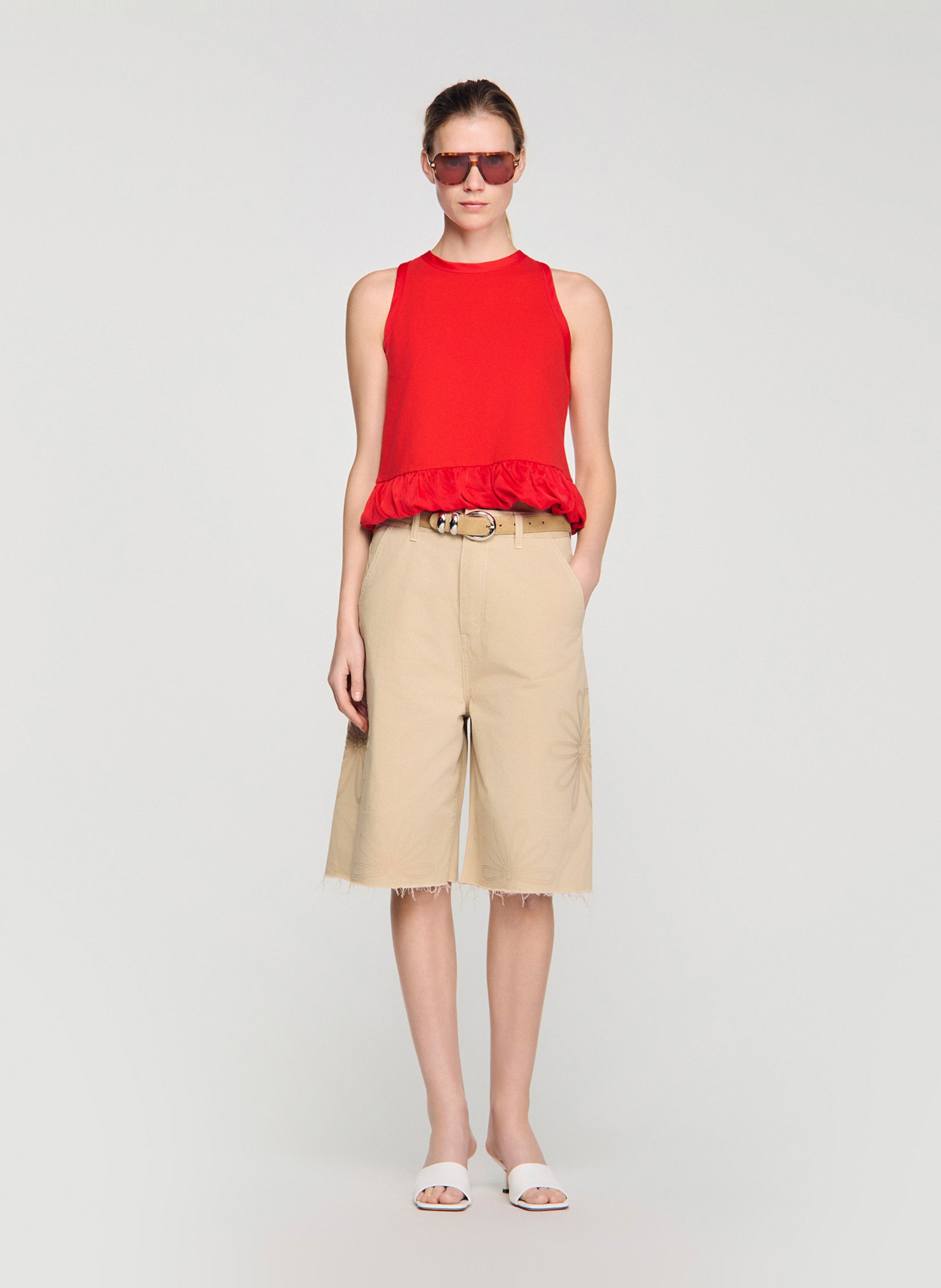 Top droit col rond en coton SANDRO Rouge