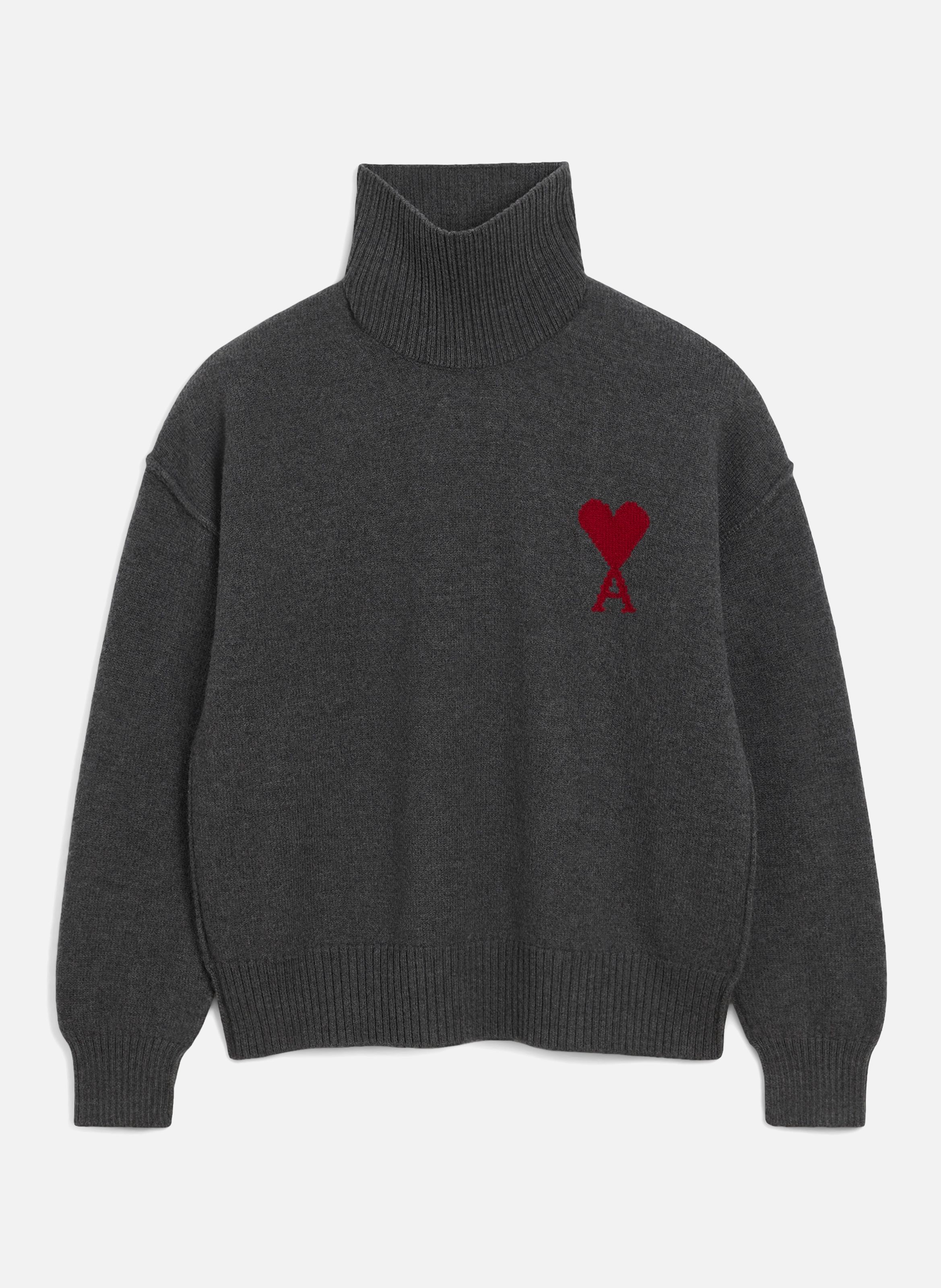 Pull col cheminée ami de coeur en laine unisexe  Gris chine / rouge