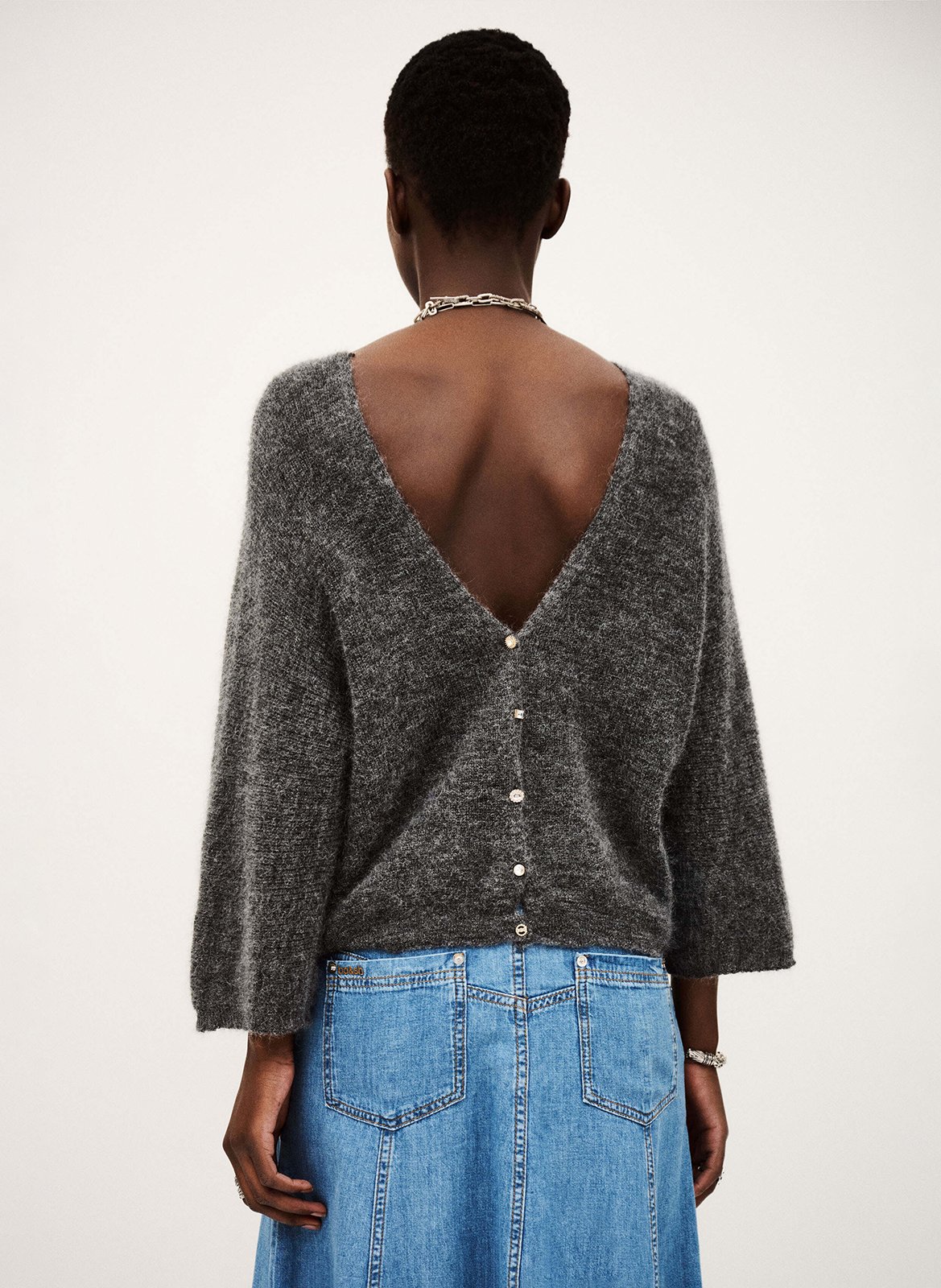Cardigan col v à boutons bijoux en laine mélangée isaac BA&SH Gris