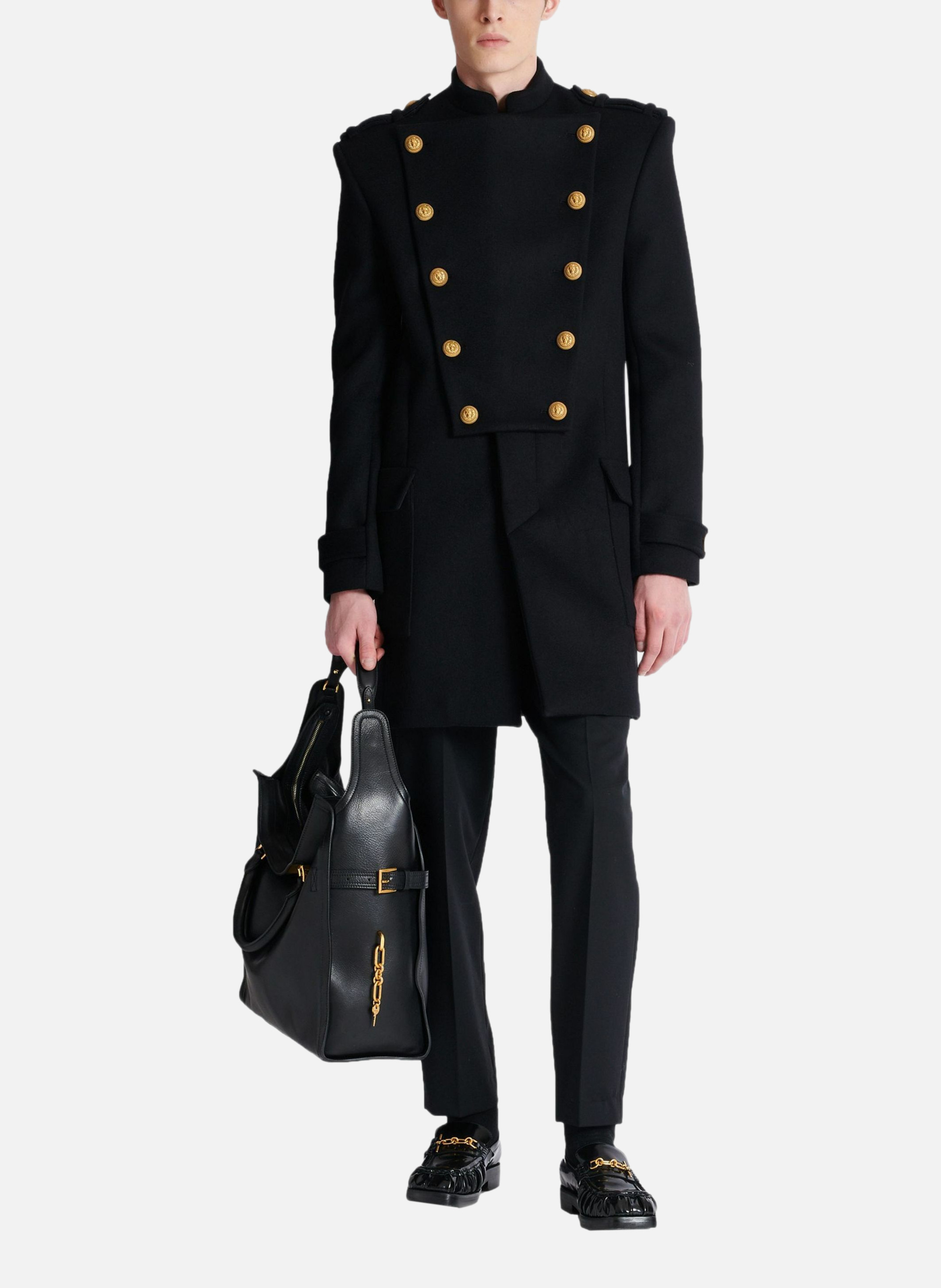 Manteau en laine et cachemire à plastron amovible BALMAIN Noir