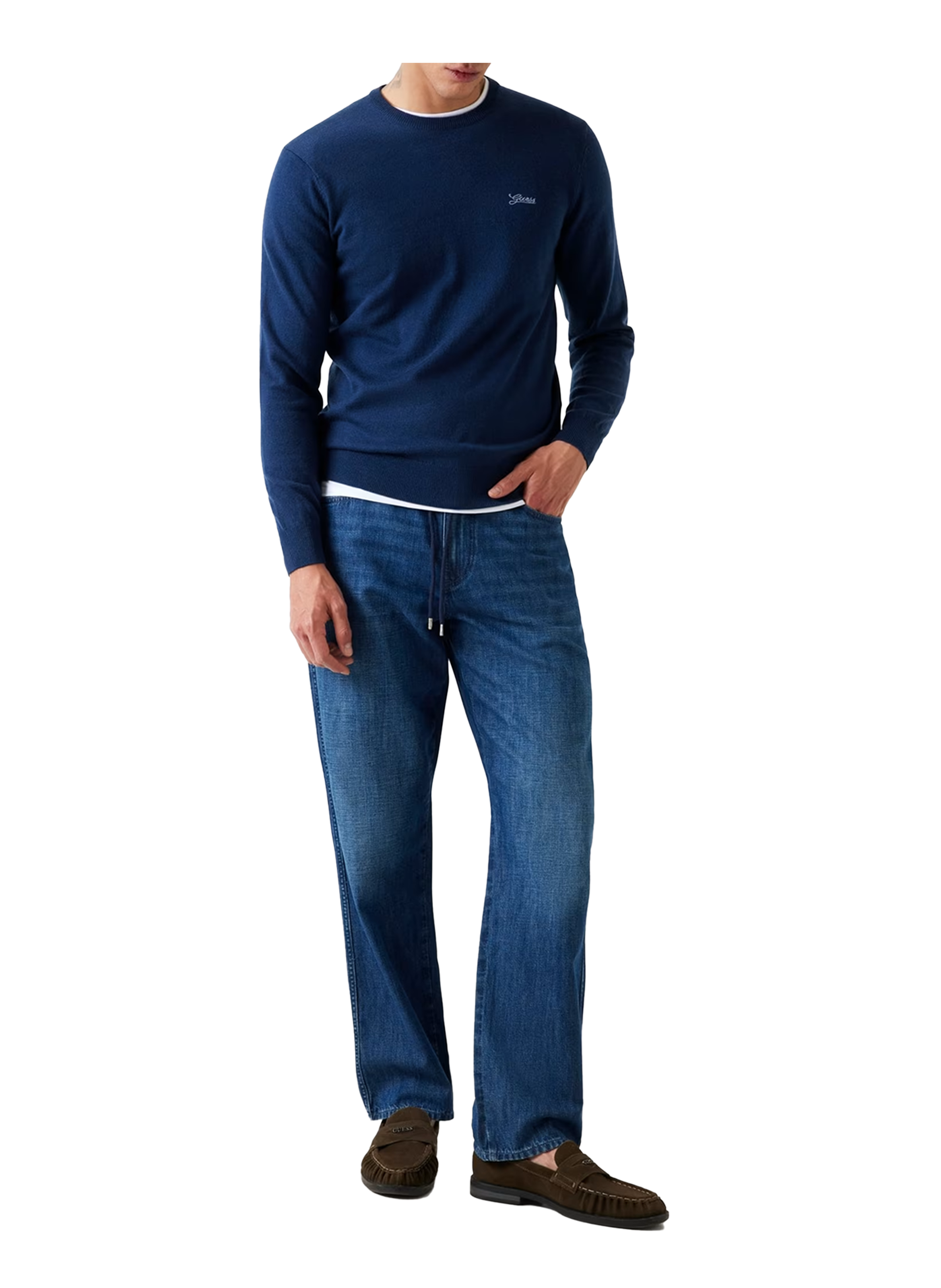 Straight fit round neck sweater with logo GUESS Blue