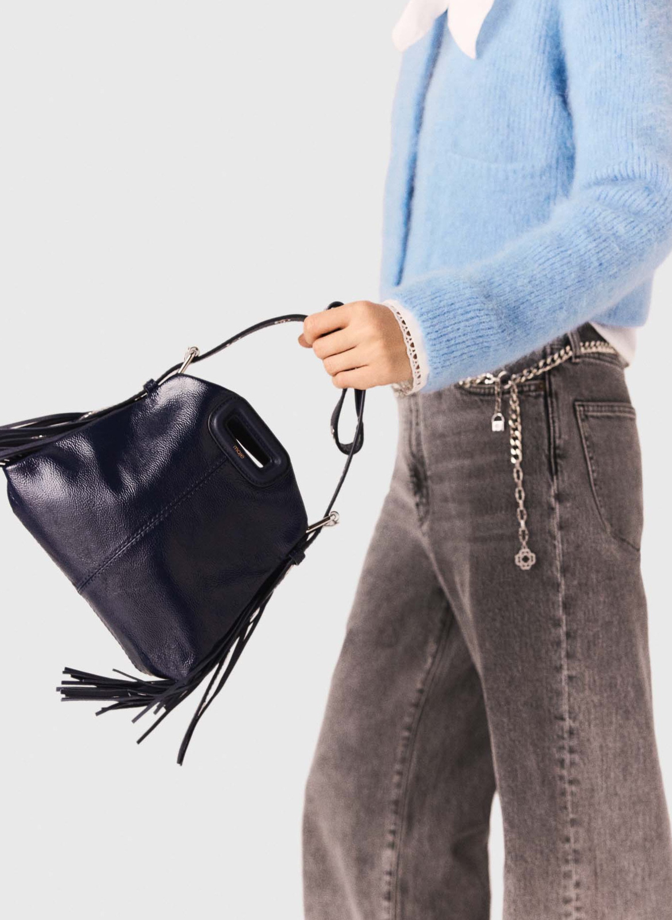 Sac bandoulière à franges en cuir miss m mini MAJE Bleu