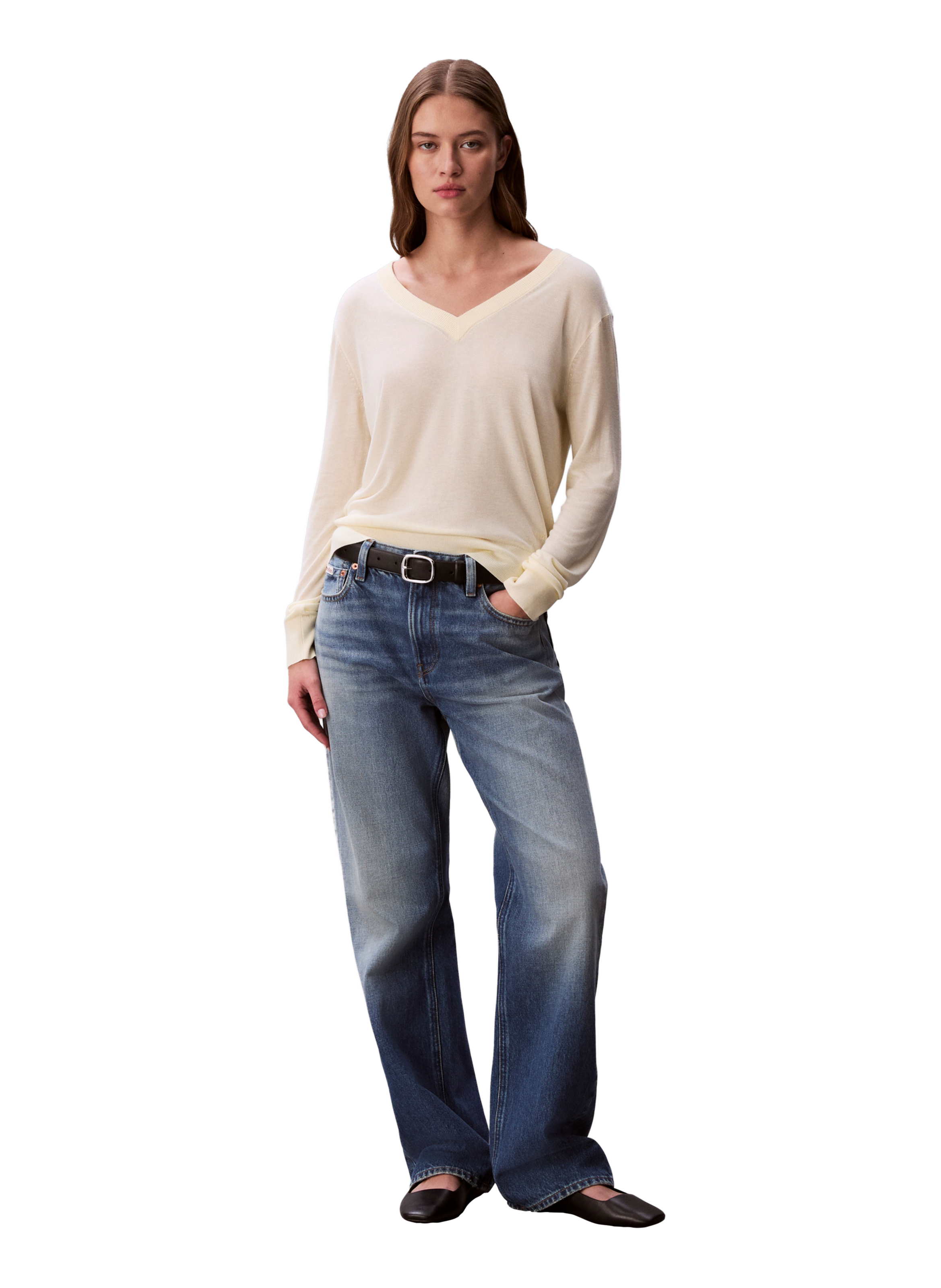 Pull uni col V CALVIN KLEIN Jaune