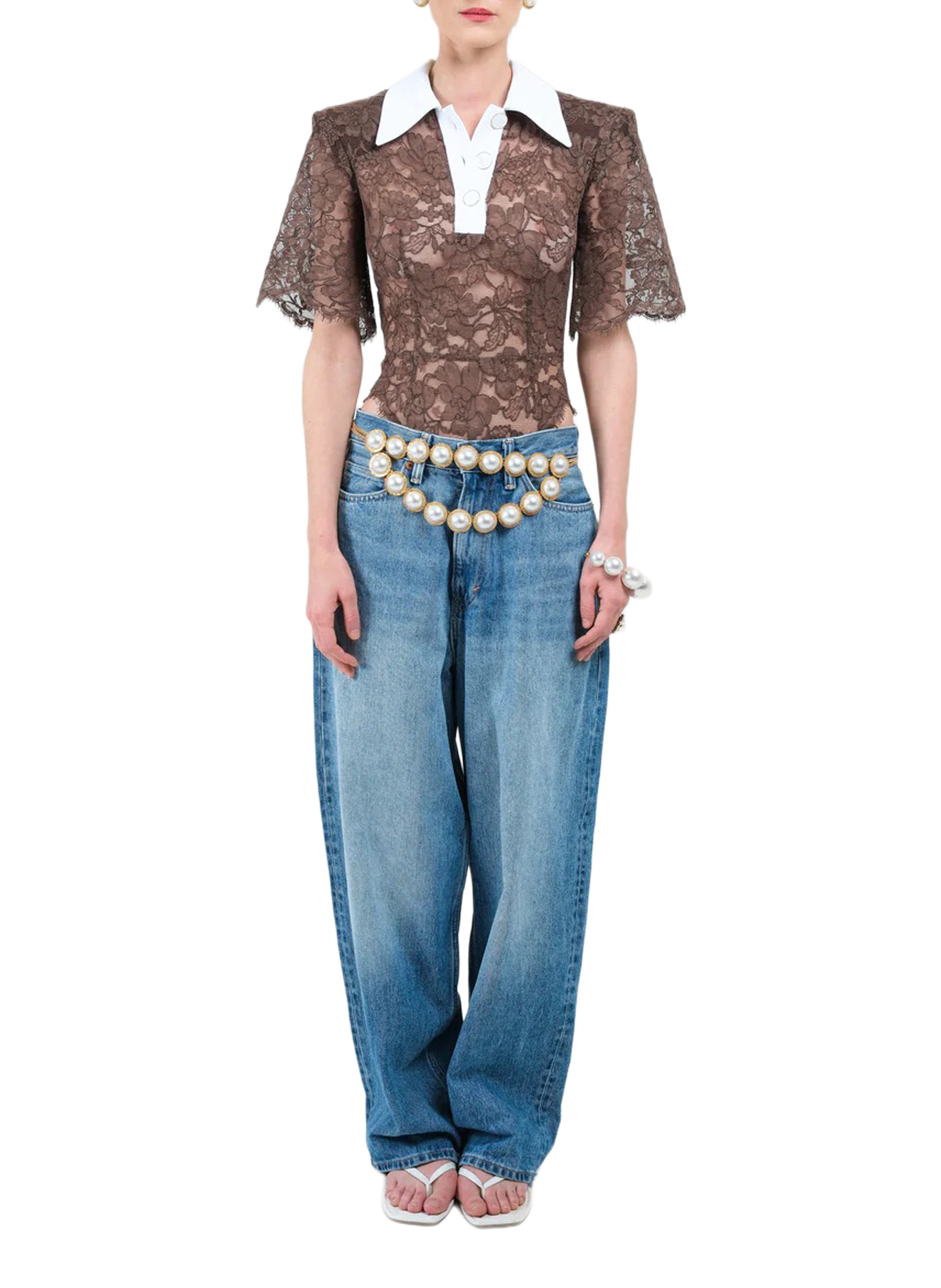 Short-sleeved top with shirt collar in blended cotton ROWEN ROSE Brown