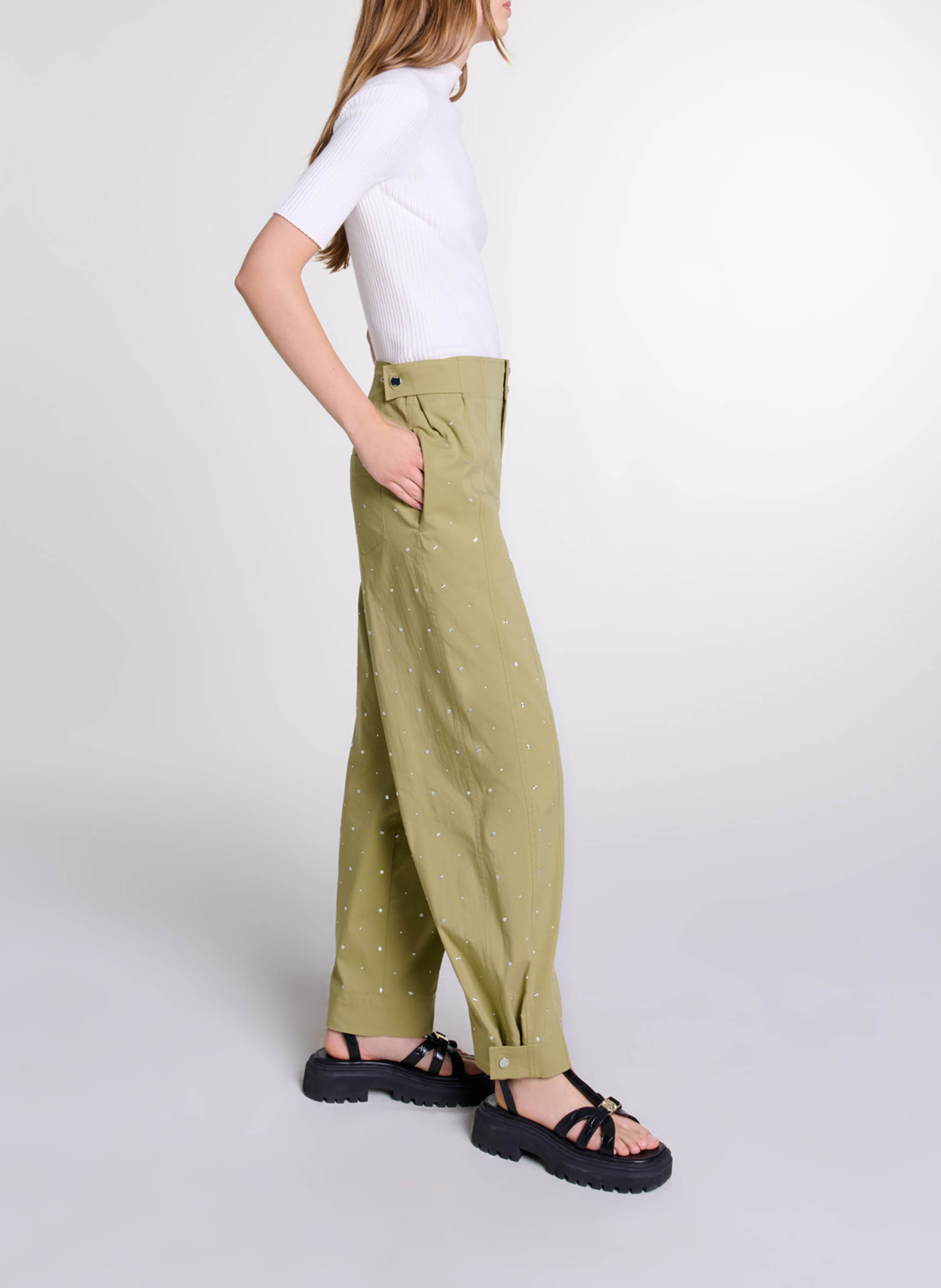 Top col rond en coton mélangé Beige